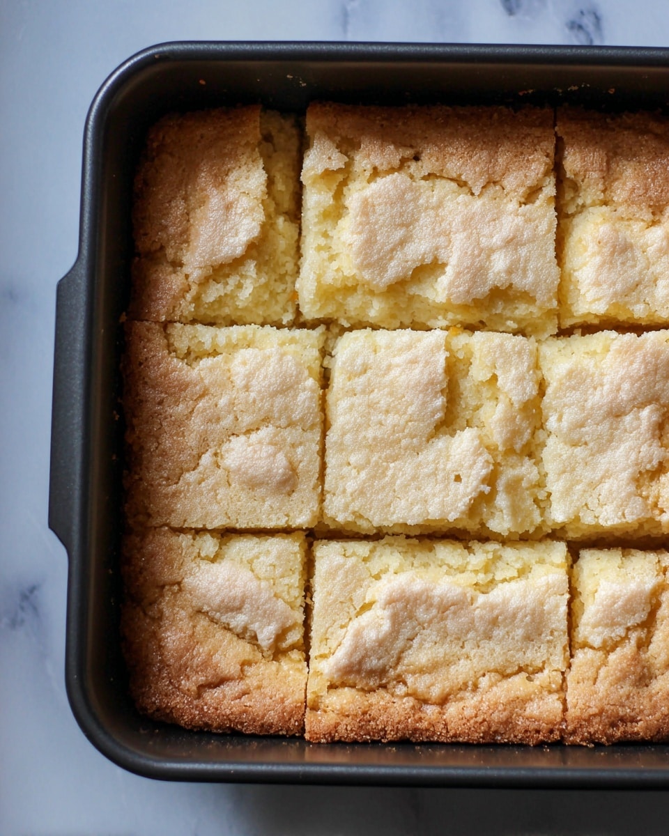 The image shows a baked square cake in a black baking pan on a white marbled surface. The cake is cut into nine pieces and has a light golden color with a rough, slightly cracked top layer that looks dry and crumbly. The sides of the cake are slightly browned, indicating it was baked until firm. There are no extra layers visible, just the single soft textured cake layer inside its crispier top crust. Photo taken with an iphone --ar 4:5 --v 7