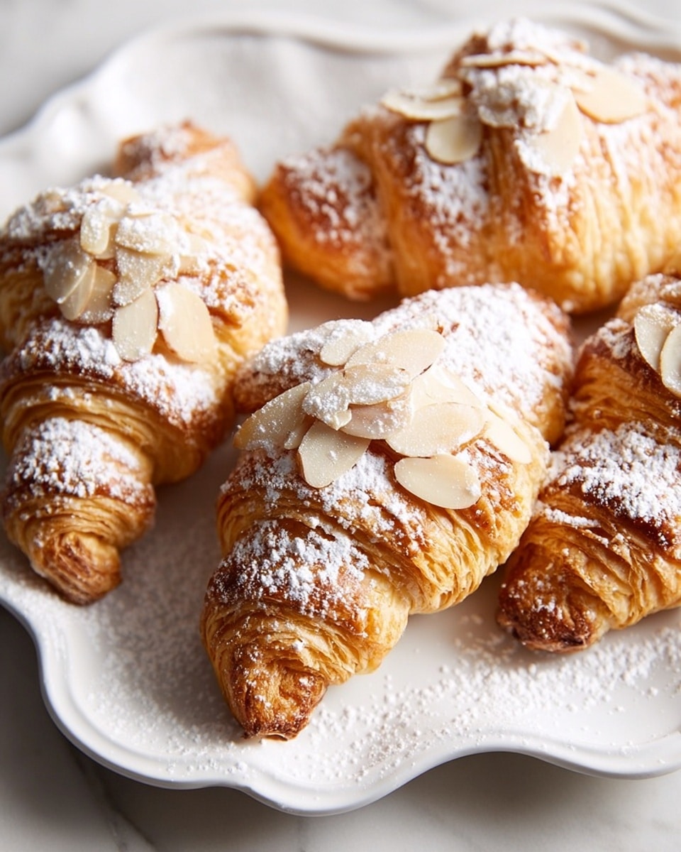 Several golden-brown croissants rest on a white plate with a wavy edge, each showing flaky, layered texture with slightly toasted tips. The croissants are topped with pale almond slices scattered unevenly across the surface. A fine layer of white powdered sugar dusts both the croissants and parts of the plate, creating a light, soft contrast. The background features a clean, white marbled texture. photo taken with an iphone --ar 4:5 --v 7