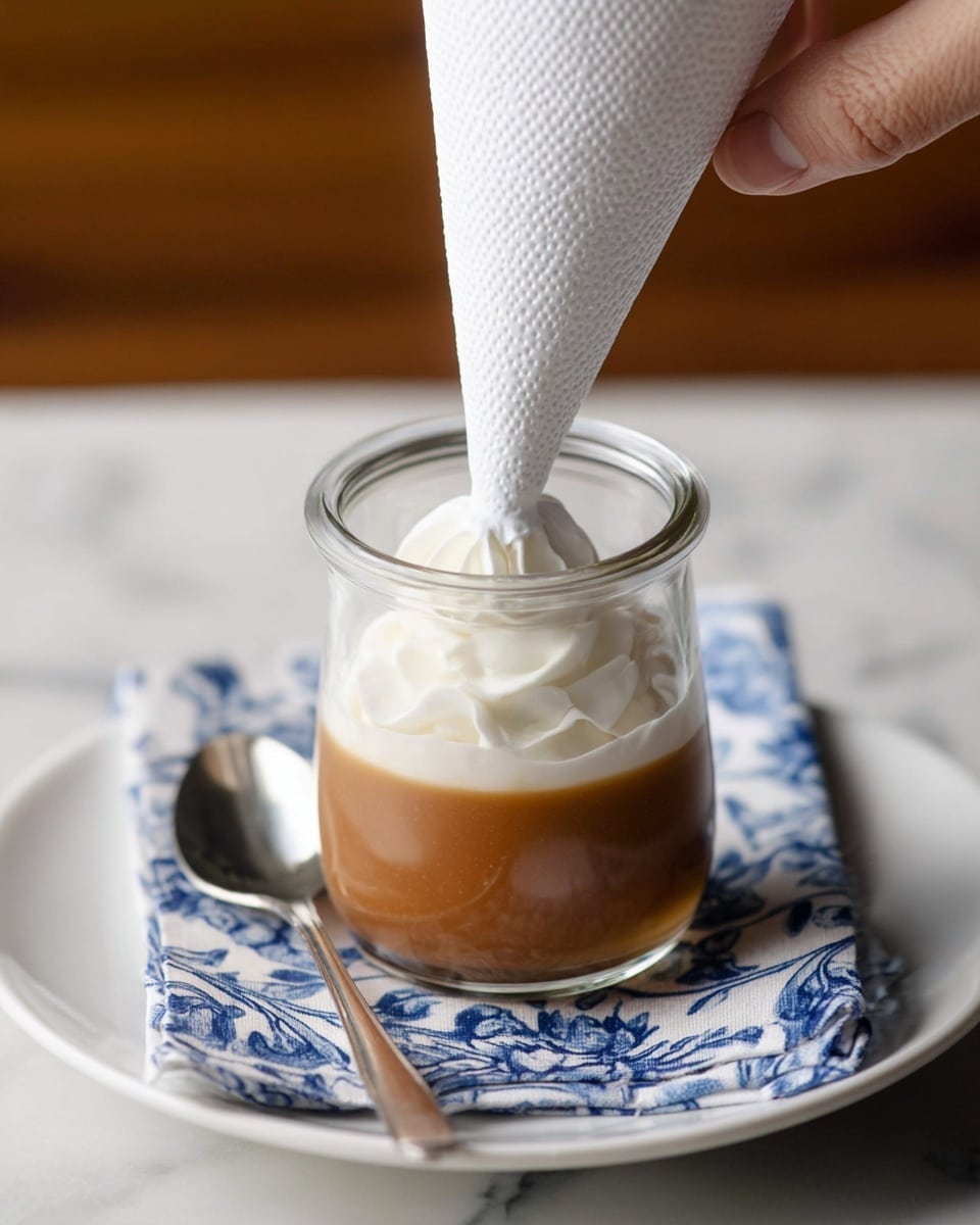 The image shows a clear glass jar with two layers: a bottom thick caramel brown layer and a top white cream layer being piped in by a woman's hand holding a white textured piping bag. The jar is placed on a white plate with a blue and white patterned cloth napkin underneath, and a silver spoon rests beside the jar on the plate. The background surface is a white marbled texture. photo taken with an iphone --ar 4:5 --v 7