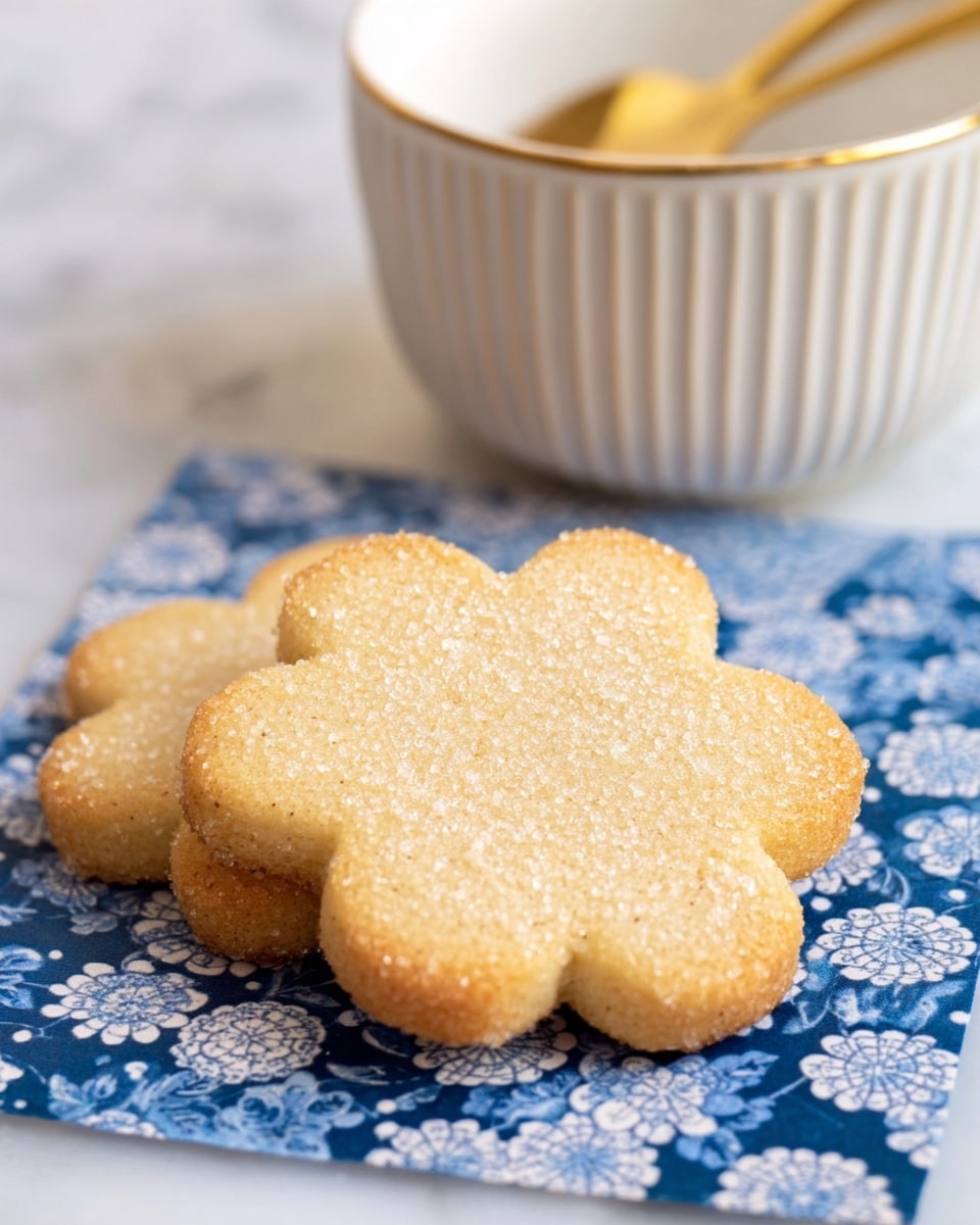 Two flower-shaped cookies with a light golden brown color sit on top of a blue napkin with white floral patterns. The cookies have a soft texture with fine granules of sugar sprinkled over the surface, adding a slight sparkle. In the blurred background, a white bowl with a ridged pattern holds a golden spoon resting inside. The scene is set on a white marbled surface. photo taken with an iphone --ar 4:5 --v 7