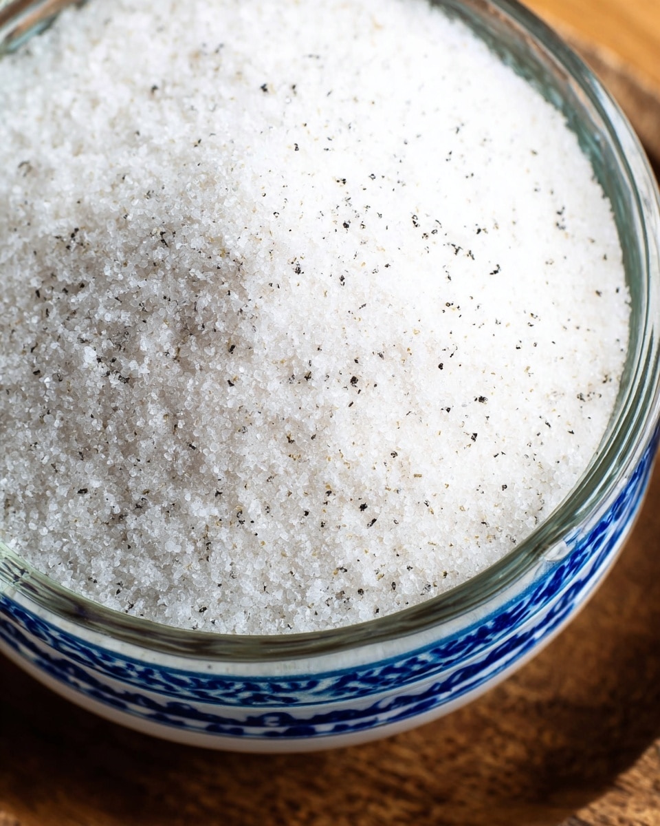 A close-up image shows a clear glass bowl filled to the top with coarse white salt that has fine black specks scattered throughout. The bowl has a blue and white patterned rim and is placed on a wooden surface, which contrasts with the salt's texture. The salt appears grainy and crystalline, with a mix of small and slightly larger salt crystals visible. Photo taken with an iphone --ar 4:5 --v 7