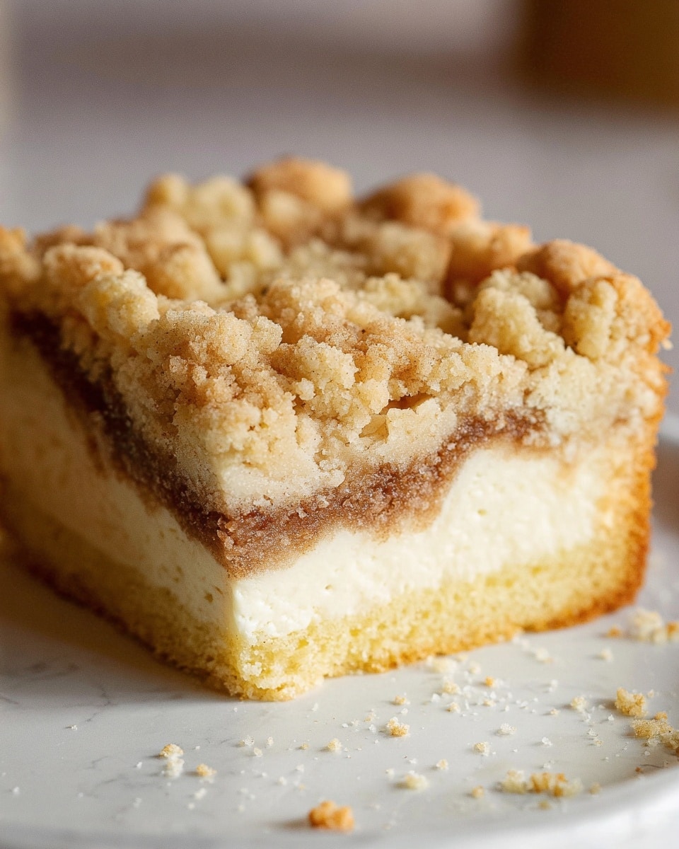 The image shows a close-up of a single square slice of crumb cake on a white plate with a white marbled surface underneath. The bottom layer is a light golden, slightly crumbly crust. Above that is a thick, smooth, creamy white layer. Next, there is a thin brown cinnamon swirl layer with visible specks of cinnamon. On the top is a crunchy crumb topping made of irregular small to medium clumps in a pale yellow to golden brown color, giving a rough texture. Small crumbs are scattered on the plate near the slice. Photo taken with an iphone --ar 4:5 --v 7