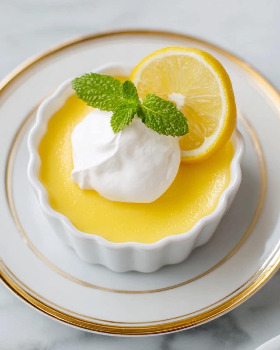 A small white scalloped ramekin filled with smooth, bright yellow lemon pudding. On top of the pudding, there is a dollop of white whipped cream, slightly soft in texture, placed next to a thin, curved lemon slice with visible juicy segments. A few fresh green mint leaves sit on the whipped cream, adding a pop of color. The ramekin is centered on a round white plate with a thin gold rim, resting on a white marbled surface. photo taken with an iphone --ar 4:5 --v 7