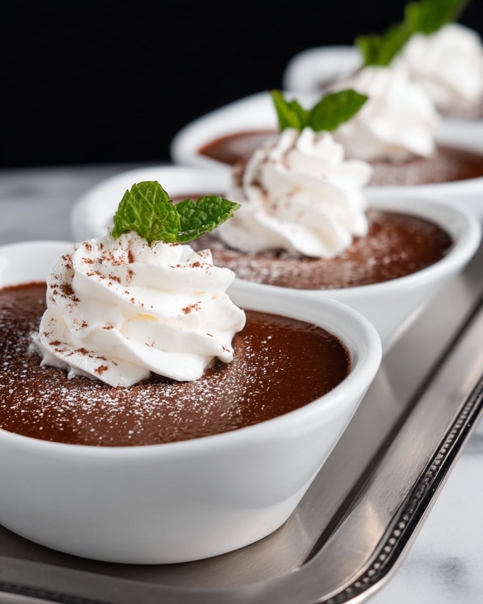 A white bowl filled with a smooth, dark brown chocolate dessert topped with a swirl of white whipped cream on one side and a small green mint leaf beside the cream. Thick light brown caramel sauce is being poured onto the center of the chocolate layer, creating a shiny pool. The background is dark and out of focus, with the bowls placed on a white marbled surface. photo taken with an iphone --ar 4:5 --v 7