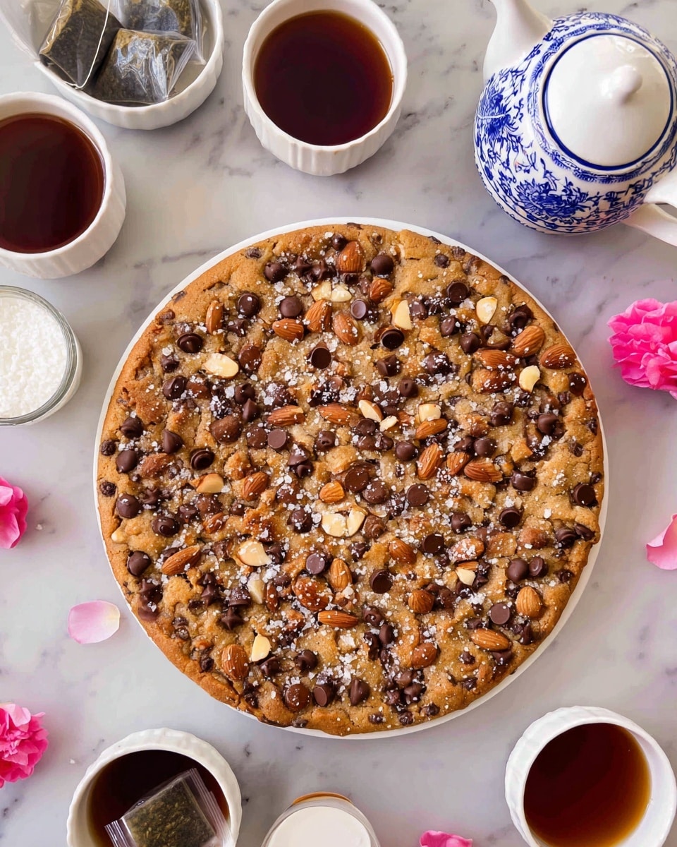 A large round cookie pie sits on a white plate, filled with a thick layer of golden-brown dough topped with whole almonds, large and small milk chocolate chips, and small patches of melted chocolate, all sprinkled lightly with white flaky salt. Around the cookie, there are two white scalloped teacups filled with dark tea and tea bags, a small white container of cream, and a white teapot with blue floral patterns, all placed on a white marbled surface, with pink flower petals scattered nearby. photo taken with an iphone --ar 4:5 --v 7