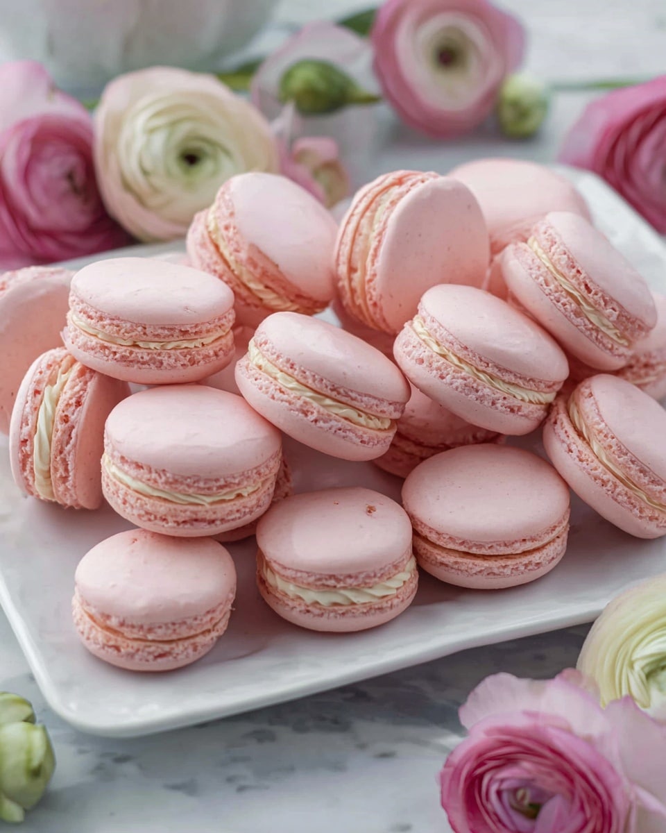 The image shows a white rectangular plate filled with many light pink macarons. Each macaron has two smooth, round shells with a slightly rough edge, sandwiched around a creamy, slightly darker pink filling. The macarons are stacked and arranged closely, some lying flat and others tilted on their sides. Around the plate, there are pink and white ranunculus flowers with soft petals, adding a delicate and fresh look to the scene. The surface underneath has a white marbled texture. The photo taken with an iphone --ar 4:5 --v 7
