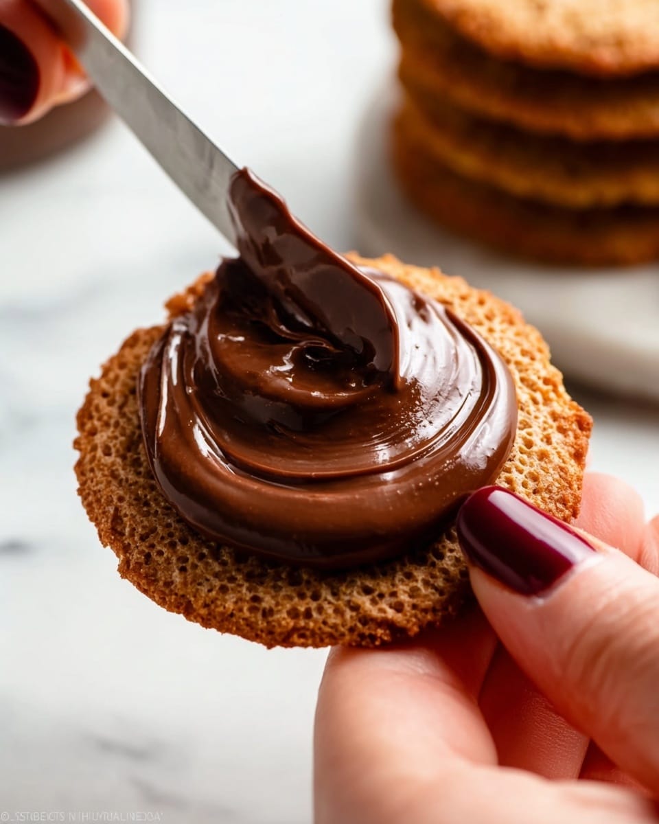 A close-up shows a woman's hand with dark red nail polish holding a round, thin, golden-brown cookie with a bubbly texture. A second woman's hand is spreading thick, smooth, shiny chocolate spread on the cookie with a metal knife. The background is a white marbled surface with a blurred stack of similar cookies behind. The focus is on the layers: the crisp, textured cookie base and the creamy, rich chocolate spread on top, photo taken with an iphone --ar 4:5 --v 7