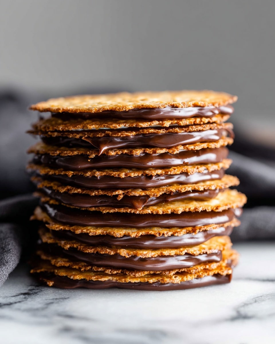 A tall stack of eight thin, golden brown crisply textured wafers layered with smooth, rich dark brown chocolate spread between each layer. The wafers have an uneven crispy surface with small holes and cracks. The chocolate glistens slightly and peeks out at the edges, some dripping a little over the sides at the bottom. The stack sits directly on a white marbled surface with a blurred dark gray cloth in the background. Photo taken with an iphone --ar 4:5 --v 7