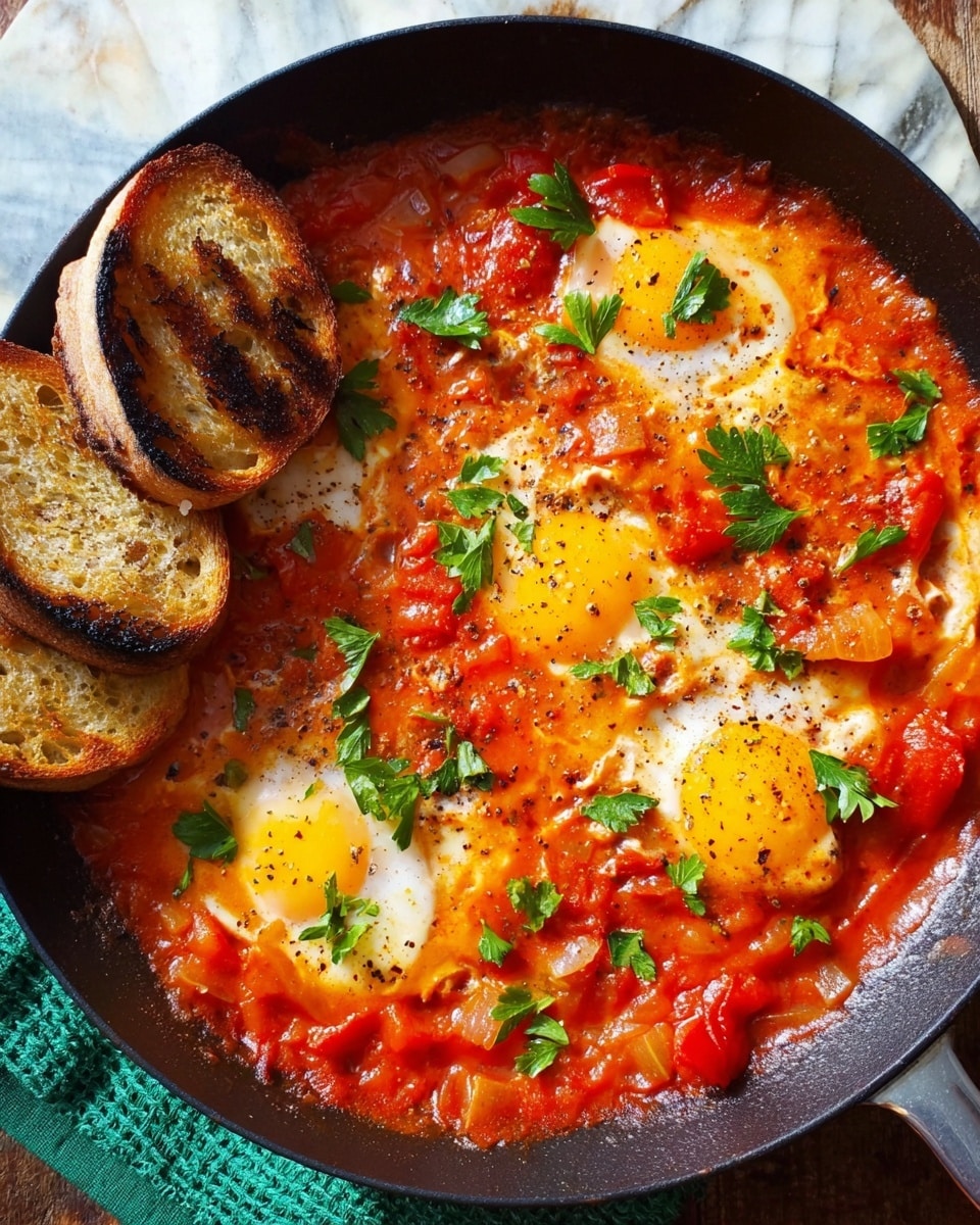 The dish shows a black skillet filled with a vibrant red tomato sauce with visible chunks of cooked tomatoes and onions spreading across the pan. Within the sauce, there are three sunny yellow eggs with soft, round yolks and slightly firmed white edges, seasoned with a sprinkle of black pepper. Fresh green parsley leaves are scattered evenly on top, adding a fresh contrast to the warm colors. Around the skillet edge, there are four slices of toasted bread in golden brown color with dark char marks, partly resting on the sauce. The skillet sits on a white marbled surface with a green cloth partially visible underneath. photo taken with an iphone --ar 4:5 --v 7