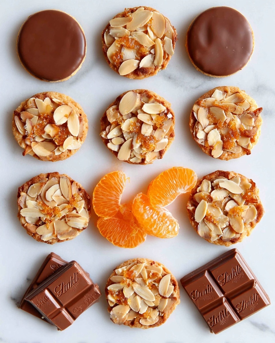 The image shows twelve round almond cookies arranged in a grid on a white marbled surface. Eleven of the cookies are topped with toasted sliced almonds, which are golden brown with a slightly shiny texture, and have small bits of caramelized orange peel scattered throughout. One cookie in the top left corner is covered with a smooth layer of milk chocolate, which is light brown and glossy. Near the center of the arrangement are three pieces of smooth, milk chocolate squares embossed with the Lindt brand and one bright orange segment, peeled and shiny. The cookies and chocolate pieces create a neat, organized display. Photo taken with an iphone --ar 4:5 --v 7