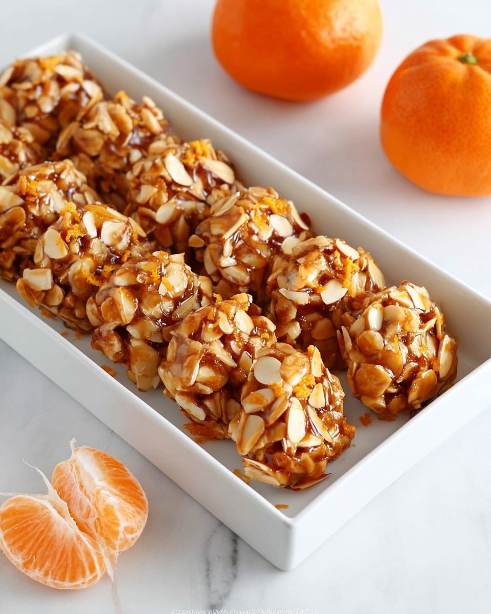 A white rectangular tray holds two neat rows of round nut and almond clusters, each cluster filled with golden toasted almond slices held together by a shiny, sticky caramel-like glaze with small bits of orange zest scattered throughout. The clusters have a textured and slightly uneven surface with a warm, rich color palette of golden browns and light tans. The tray is placed on a white marbled surface with two whole bright orange mandarins and a partially peeled mandarin nearby adding a pop of vivid orange color to the scene. photo taken with an iphone --ar 4:5 --v 7