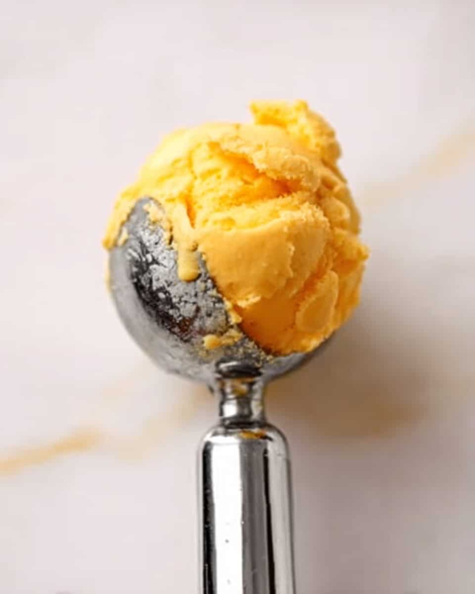 A close-up view of an ice cream scoop with a shiny metal surface holding a scoop of yellow-orange ice cream. The ice cream has a smooth and slightly soft texture, with some small uneven edges that show it is freshly scooped. The scoop is positioned above a white marbled surface, with soft light reflecting off the metal. The image captures the moment just before the scoop releases the ice cream. photo taken with an iphone --ar 4:5 --v 7