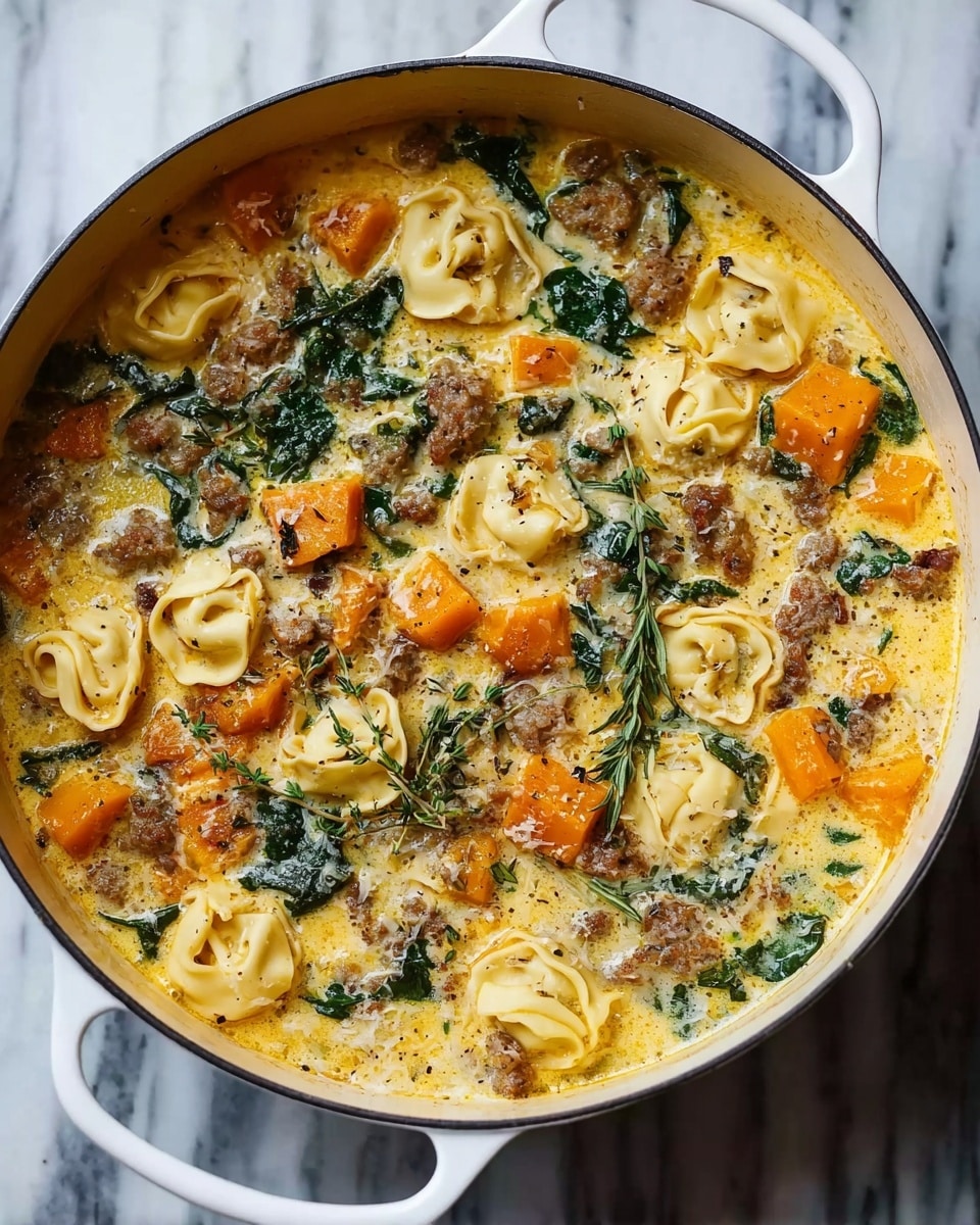 A white round pot filled with a creamy yellow soup showing multiple layers of ingredients: orange chunks of butternut squash, green spinach leaves, small browned sausage pieces, and pasta filled with cheese shaped like tortellini scattered on top. Sprigs of fresh green thyme decorate the surface, adding a touch of texture. The pot rests on a white marbled surface. photo taken with an iphone --ar 4:5 --v 7