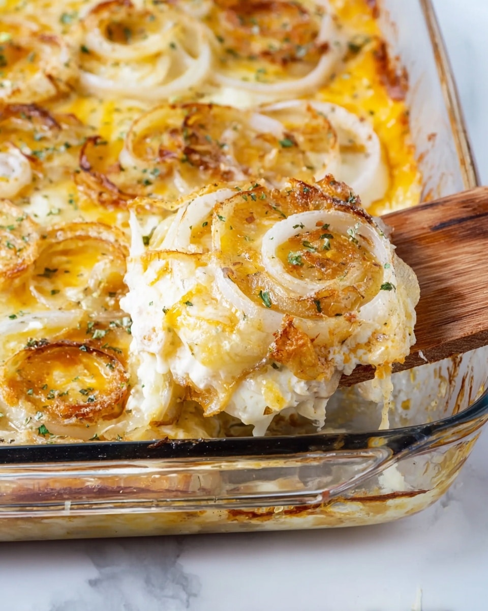 A close-up view of a baked dish in a clear glass baking dish sitting on a white marbled surface. The dish has two main layers: the bottom layer is creamy and cheese-covered in light yellow and white shades with melted cheese texture, and the top layer features thick rings of translucent white onion spread evenly. The edges of the dish show some browned, crispy cheese. A wooden spatula is lifting a portion, displaying the soft, cheesy texture and onion rings mixed together. Small green herb specks are sprinkled lightly on top. Photo taken with an iphone --ar 4:5 --v 7