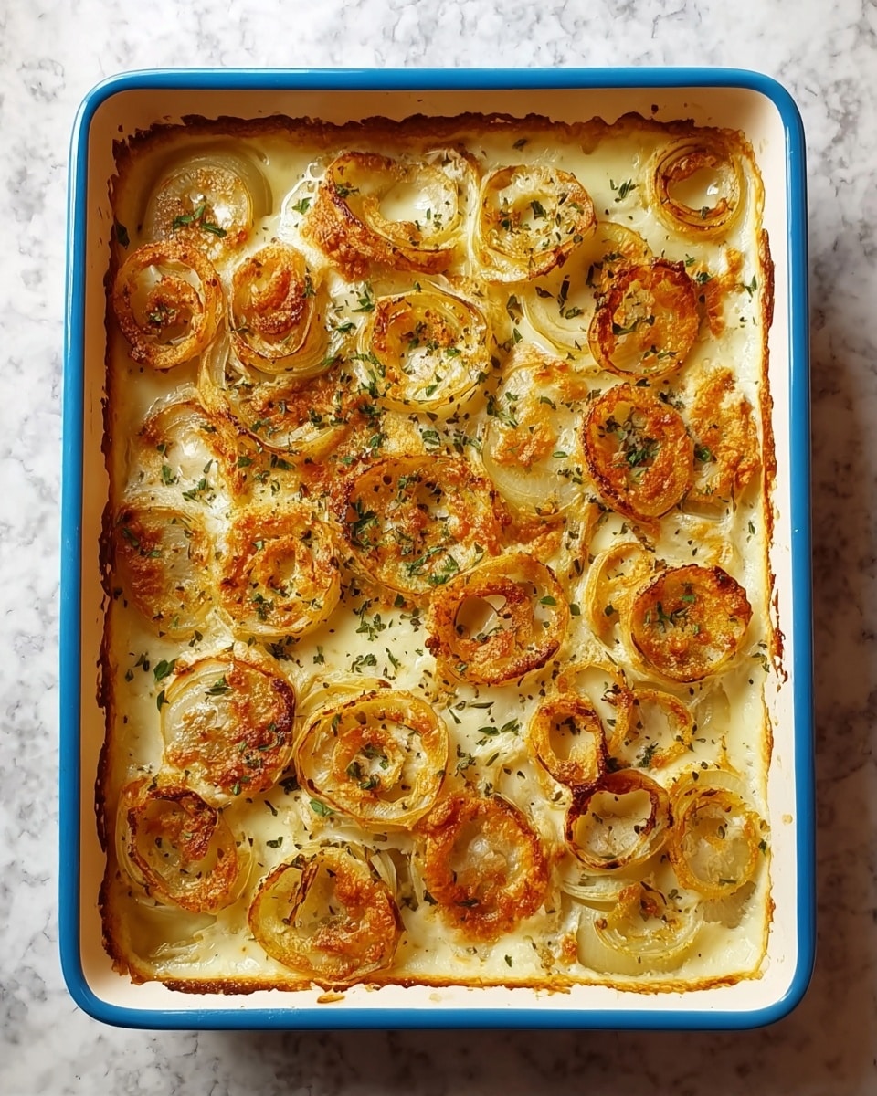 A square white baking dish filled with a baked dish showing two visible layers: the bottom layer is creamy and pale yellow, smooth with some bubbling on the edges, and the top layer is made of golden-browned onion rings scattered evenly across the surface, some rings are light golden, others darker with crisp edges, sprinkled with green herbs. The dish is placed on a white marbled surface. photo taken with an iphone --ar 4:5 --v 7