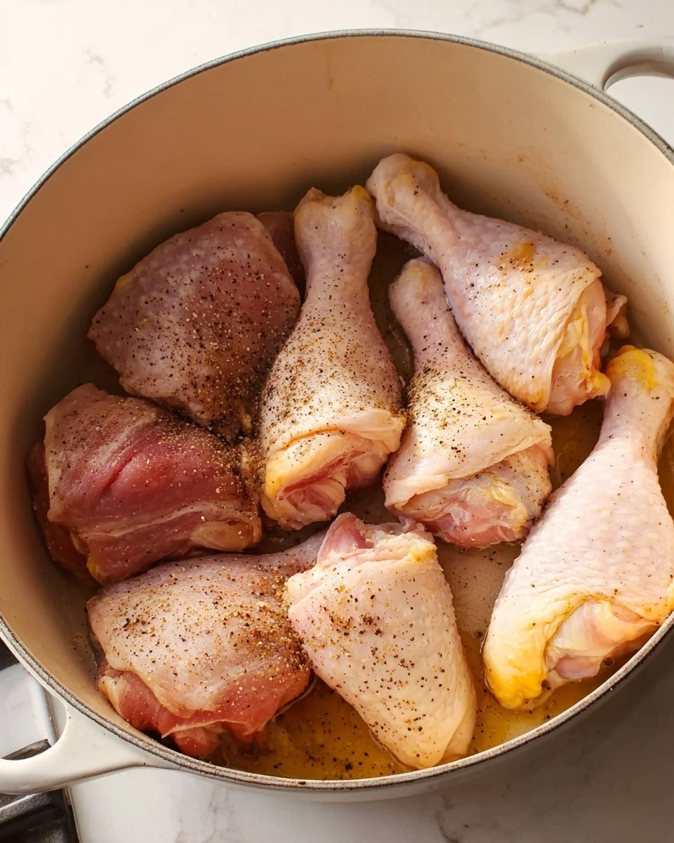 Inside a large white pot, there are seven pieces of raw chicken seasoned with black pepper. Four drumsticks with pale, light pink skin and yellowish tips are placed on the right side, showing smooth texture with some fat visible. On the left side, three chunkier chicken thighs with a pinkish-red and white marbled appearance sit close together. The inside of the pot is cream-colored and shows a little bit of oil at the bottom. The pot rests on a stove with a white marbled surface beside it. photo taken with an iphone --ar 4:5 --v 7
