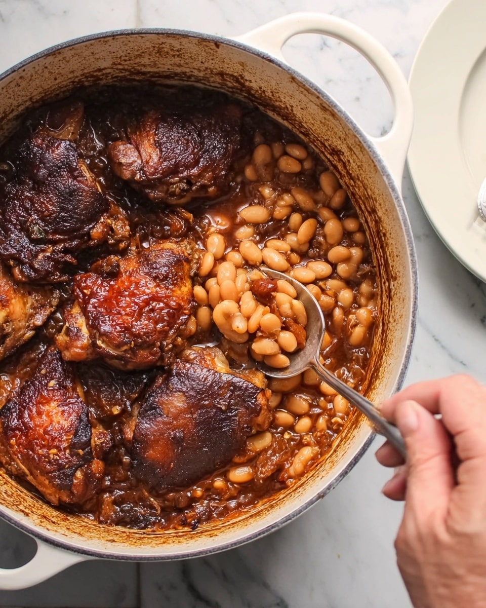 A white pot filled with a stew that has thick dark brown cooked chicken pieces layered on the surface, surrounded by light beige cooked beans in a thick sauce with a rich, slightly shiny texture. A woman's hand holding a silver spoon scoops some beans from the middle right of the pot. The inner sides of the pot show a dark brown cooked-on layer. To the right of the pot, there is a white plate placed on a white marbled surface. Photo taken with an iphone --ar 4:5 --v 7