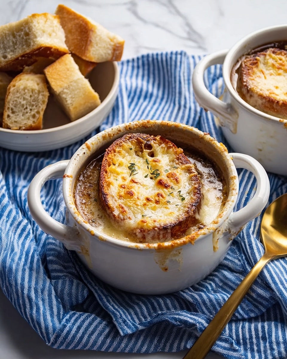 The image shows a white bowl with two side handles filled with French onion soup, topped with a round, toasted bread piece that is golden brown and crispy with melted cheese bubbling on top. The soup beneath is a rich dark brown with some light cream-colored melted cheese around the edges. Next to the bowl, there is a small white bowl containing pieces of crusty bread with a crunchy brown outside and soft airy inside. The bowls and a gold spoon rest on a blue and white striped cloth over a white marbled surface. Photo taken with an iphone --ar 4:5 --v 7
