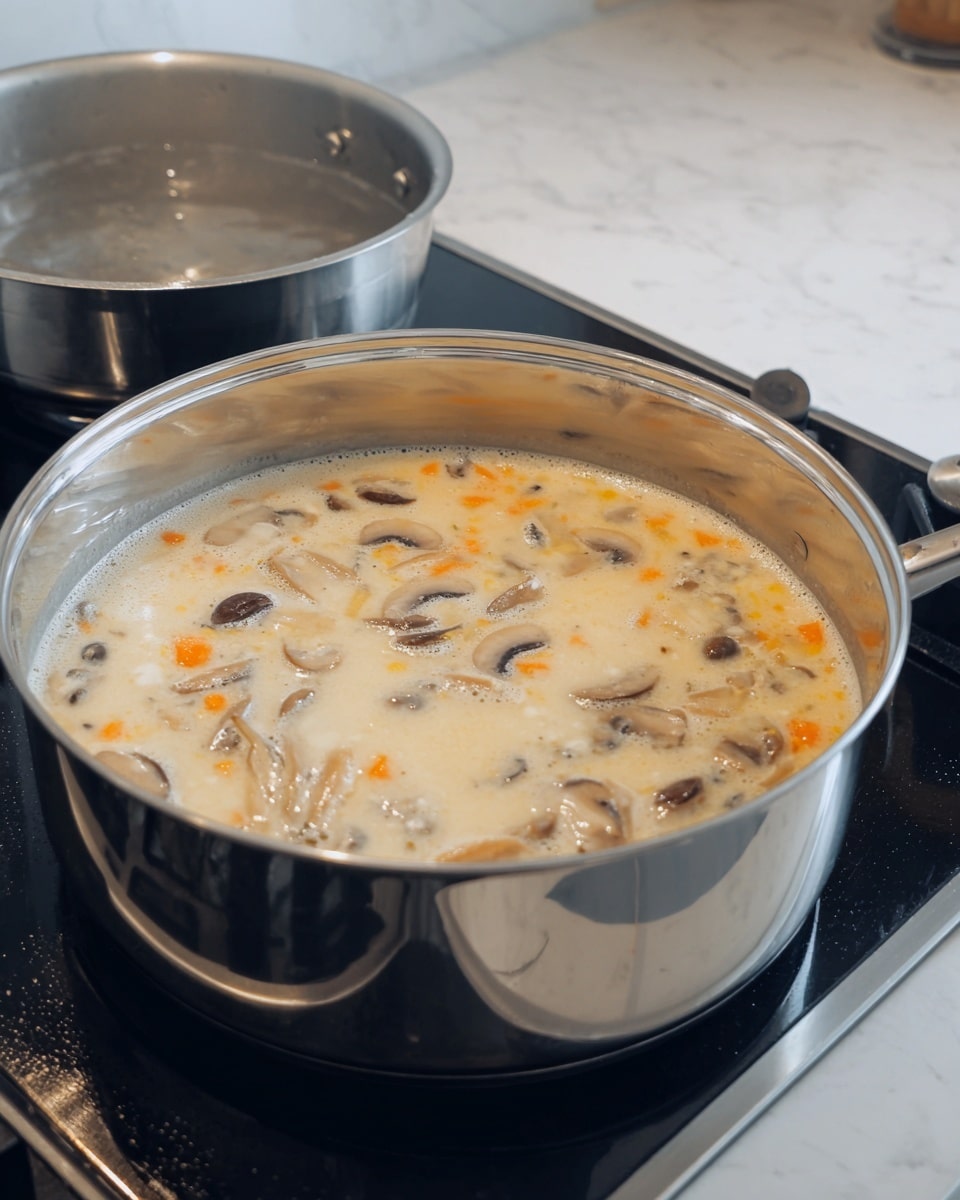 A shiny silver pot on a black stove holds a creamy white soup with visible slices of light brown mushrooms and small chunks of orange carrot throughout, the liquid showing some gentle bubbles and a smooth texture on the surface. Next to it, a stainless steel pot with simmering water is partially visible. The cooking area has a clean white marbled surface beneath the stove. photo taken with an iphone --ar 4:5 --v 7