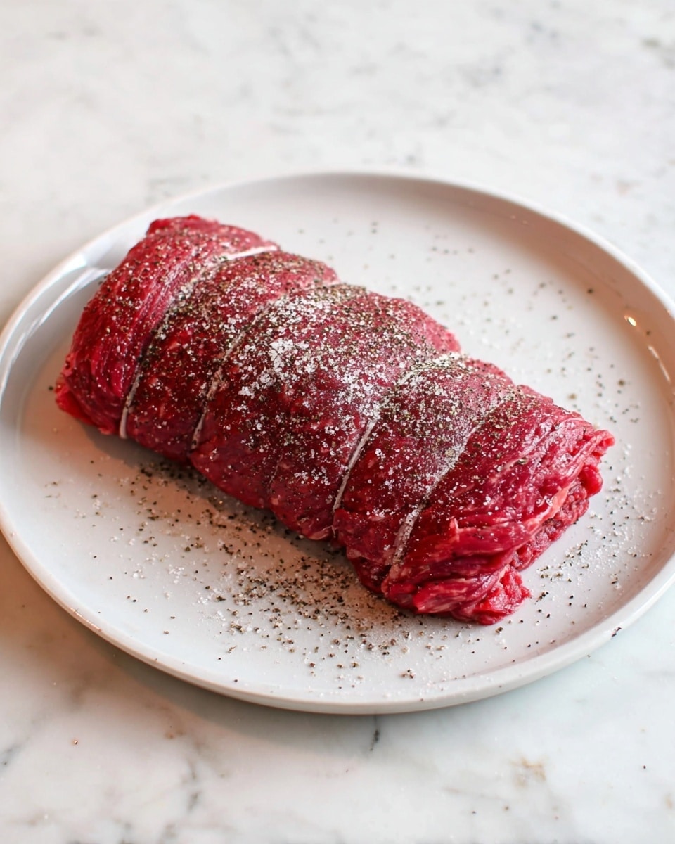 A single piece of raw red meat roll lies on a white plate, covered with a generous layer of coarse salt and ground black pepper, creating a textured crust on top and around the edges. The meat is cylindrical and tightly rolled, with visible string marks running across its length. Small cracks and folds add to the rough surface detail. The plate rests on a white marbled surface that contrasts softly with the deep red color of the meat. photo taken with an iphone --ar 4:5 --v 7