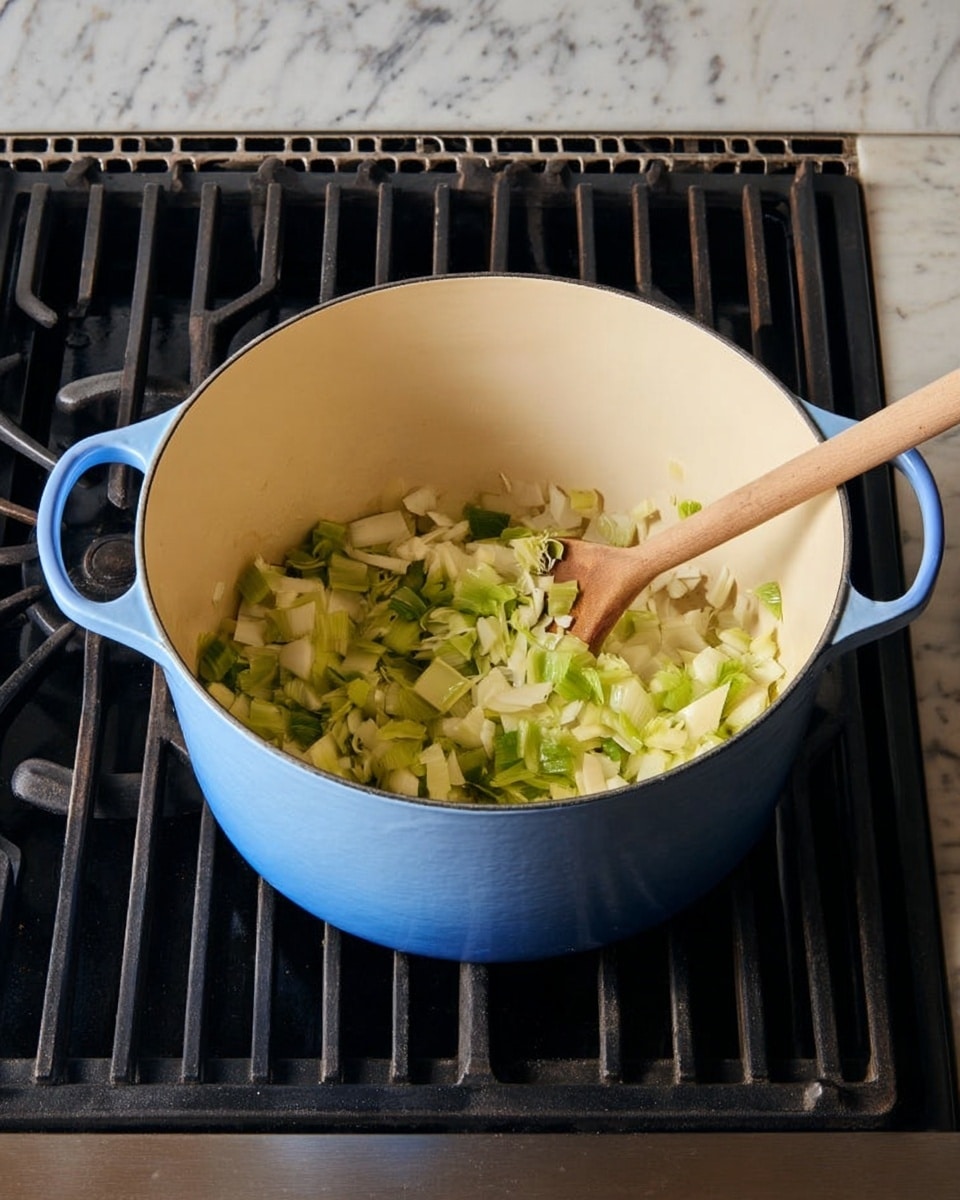 A blue pot with cream-colored inside sits on a stove with black grates. Inside the pot, there are small chopped pieces of green and white vegetables being cooked, showing some light browning around the edges. A wooden spoon rests inside the pot on the right side. The stove is next to a white marbled countertop. photo taken with an iphone --ar 4:5 --v 7