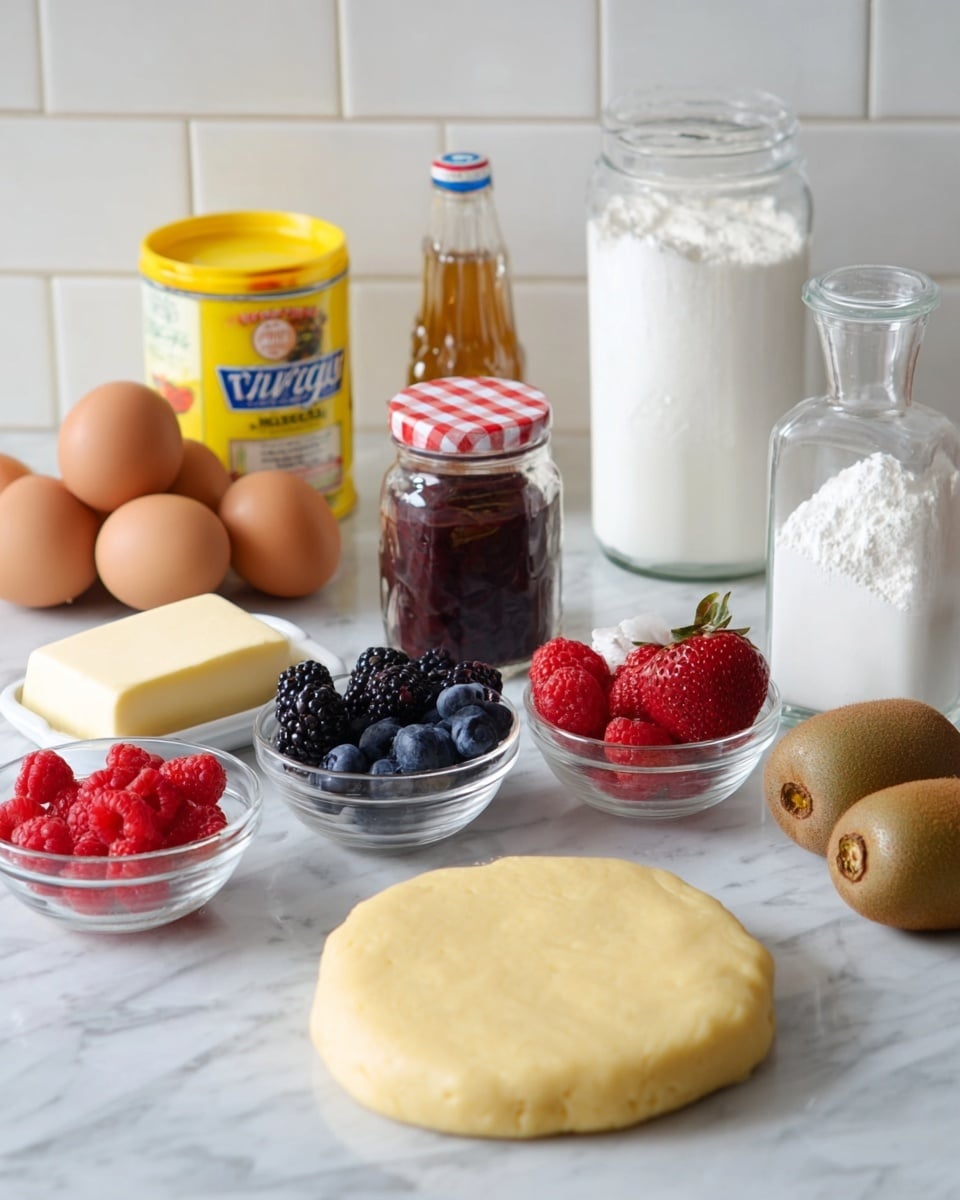 On a white marbled surface, a round, flat disk of pale yellow dough sits in the center foreground. Behind it, to the left, are two brown eggs next to a small block of pale yellow butter and a jam jar with a red checked lid. Slightly behind these items are a yellow container of cornstarch and a white carton of whole milk. To the right of the milk, a small dark bottle of pure vanilla stands in front of a large clear glass jar filled with white sugar. Four small clear bowls hold fresh fruit: blackberries, strawberries, raspberries, and blueberries, arranged from left to right. In front of the bowls, two whole light brown kiwis rest close together. The background is white subway tile, and the scene is bright and clean. Photo taken with an iphone --ar 4:5 --v 7