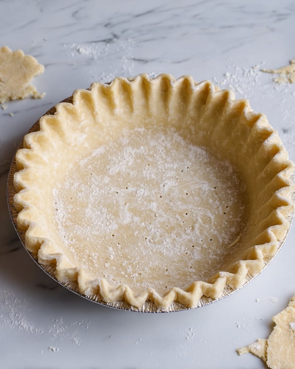 A close-up of a pie crust placed in a round metal pie pan, with the dough edges neatly crimped around the rim. The crust is pale beige and dusted lightly with white flour, showing small fork holes evenly spread on the base. The pie pan sits on a white marbled texture surface, with a few scattered pieces of dough nearby. photo taken with an iphone --ar 4:5 --v 7