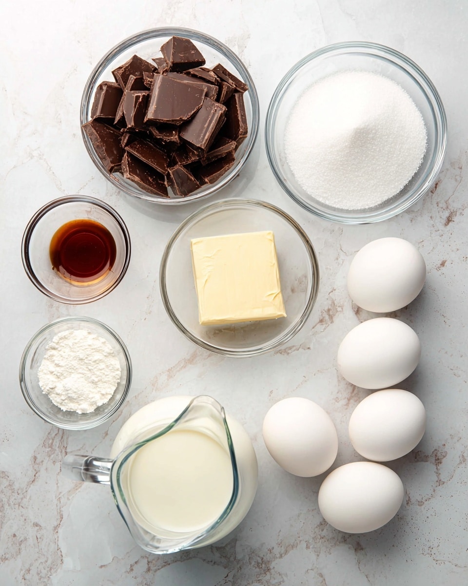 The image shows various baking ingredients arranged on a white marbled surface. There are three white eggs placed in a cluster on the right side. Near them is a small glass bowl filled with white granulated sugar. Above the sugar bowl is another small glass bowl holding a square piece of butter. On the top left side, there is a larger glass bowl filled with chunks of dark chocolate. Below the chocolate, a small glass bowl contains white powder, likely baking powder or cornstarch, and next to it is a small glass bowl with a dark brown liquid, possibly vanilla extract. Finally, in the center, there is a clear measuring jug filled with a white liquid, likely milk. The setup is neat and organized, photo taken with an iphone --ar 4:5 --v 7