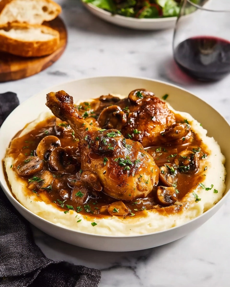 The dish shows a deep white bowl filled with three main layers. The bottom layer is a smooth, creamy white mashed potato spread evenly in a round shape. The middle layer is a rich brown sauce with a thick texture, covering the mashed potatoes partially and pooling at the sides. The top layer has two browned chicken drumsticks and thighs with a glazed look, sitting on the sauce. Scattered around the chicken are sliced, cooked mushrooms coated with the same sauce. Small green herb bits are sprinkled over the dish, adding a fresh color contrast. The bowl is placed on a white marbled surface with a dark cloth nearby. In the background, there is a blurred salad bowl, sliced bread, and a glass of dark red wine. Photo taken with an iphone --ar 4:5 --v 7