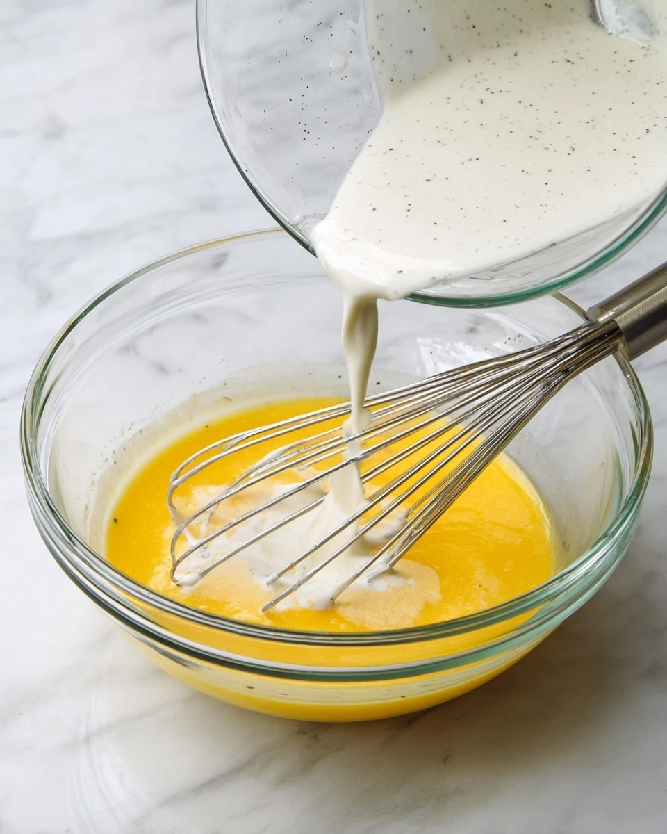 A clear glass bowl sits on a white marbled surface, holding a yellow, smooth, slightly frothy mixture with a metal whisk resting inside. Above it, another clear glass bowl pours a white creamy liquid with tiny black specks into the yellow mixture below, creating a soft blend of colors. The scene shows mixing in progress with bright, clean lighting. Photo taken with an iphone --ar 4:5 --v 7
