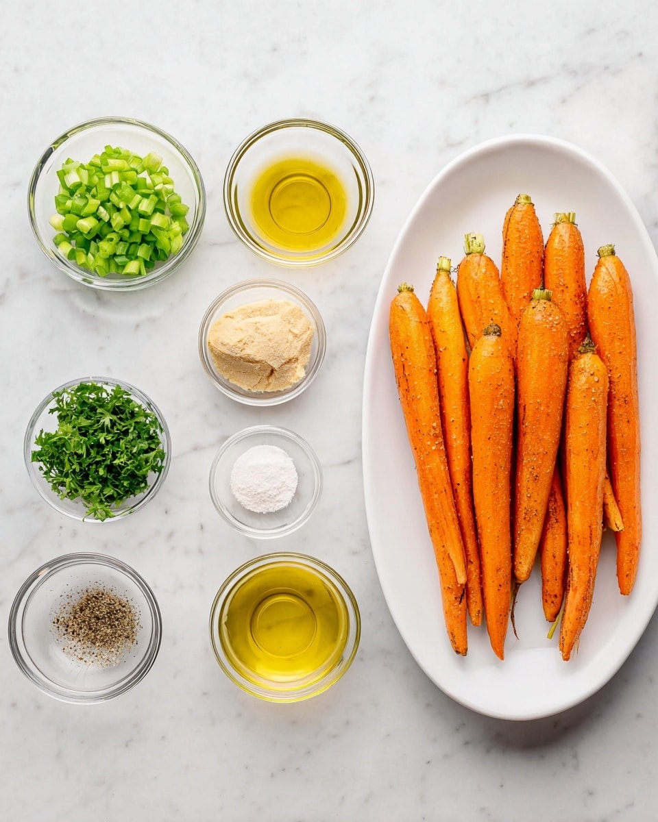 The image shows an arrangement of ingredients on a white marbled surface. On the right side, there is a white oval plate holding eight whole, unpeeled orange carrots with some natural texture and slight dirt on their skin. To the left, there are nine small clear glass bowls arranged in a neat grid with three rows and three columns. The bowls contain chopped green onions, a beige creamy paste, white salt, chopped parsley, golden honey, a light yellow liquid, a pale yellow oil, black pepper, and olive oil. The overall composition is clean and bright, with the colors and textures of each ingredient clearly visible. Photo taken with an iphone --ar 4:5 --v 7