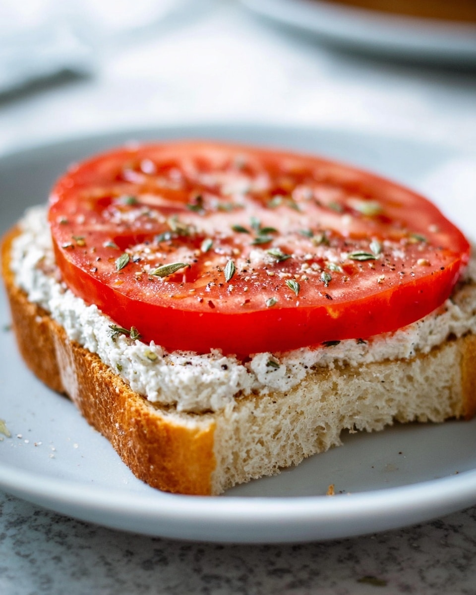 A close-up view of an open sandwich on a white plate with a white marbled texture background. The sandwich has three layers: the base is a thick slice of toasted bread with a golden-brown crust and soft, airy inside. On top of the bread is a thick, white spread with a slightly grainy texture, sprinkled with small green herbs. The top layer is a thick, fresh red tomato slice with visible seeds and a glossy surface that looks juicy, sprinkled lightly with salt and pepper. Photo taken with an iphone --ar 4:5 --v 7