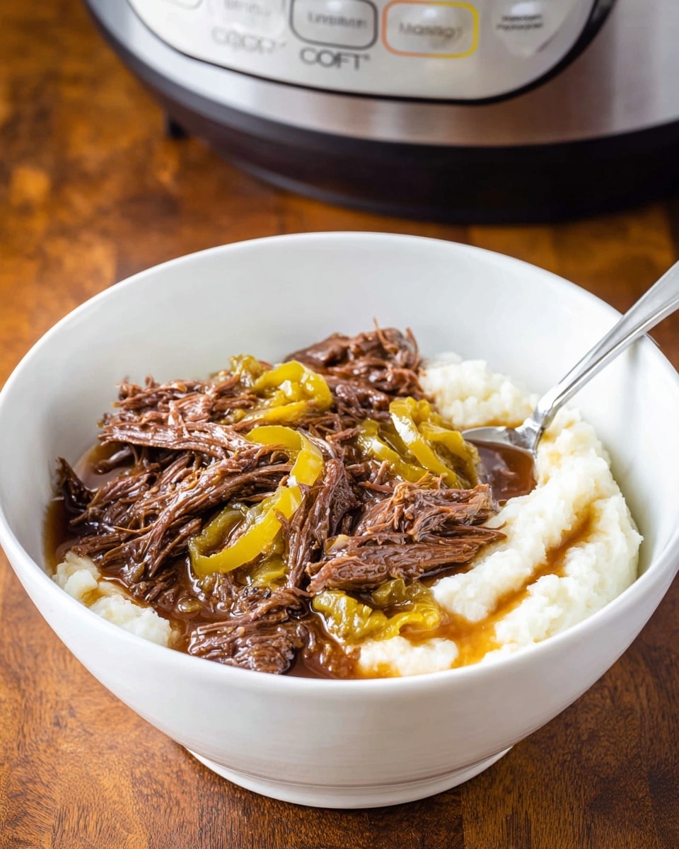 A close-up view inside a black slow cooker shows shredded brown meat mixed with a few small chopped yellow-green peppers, all sitting in a thin, brown broth. Two silver forks rest inside the cooker, one partly lifting some meat. The scene is set on a white marbled surface, with the black inner pot creating a deep dark contrast around the tender meat. photo taken with an iphone --ar 4:5 --v 7