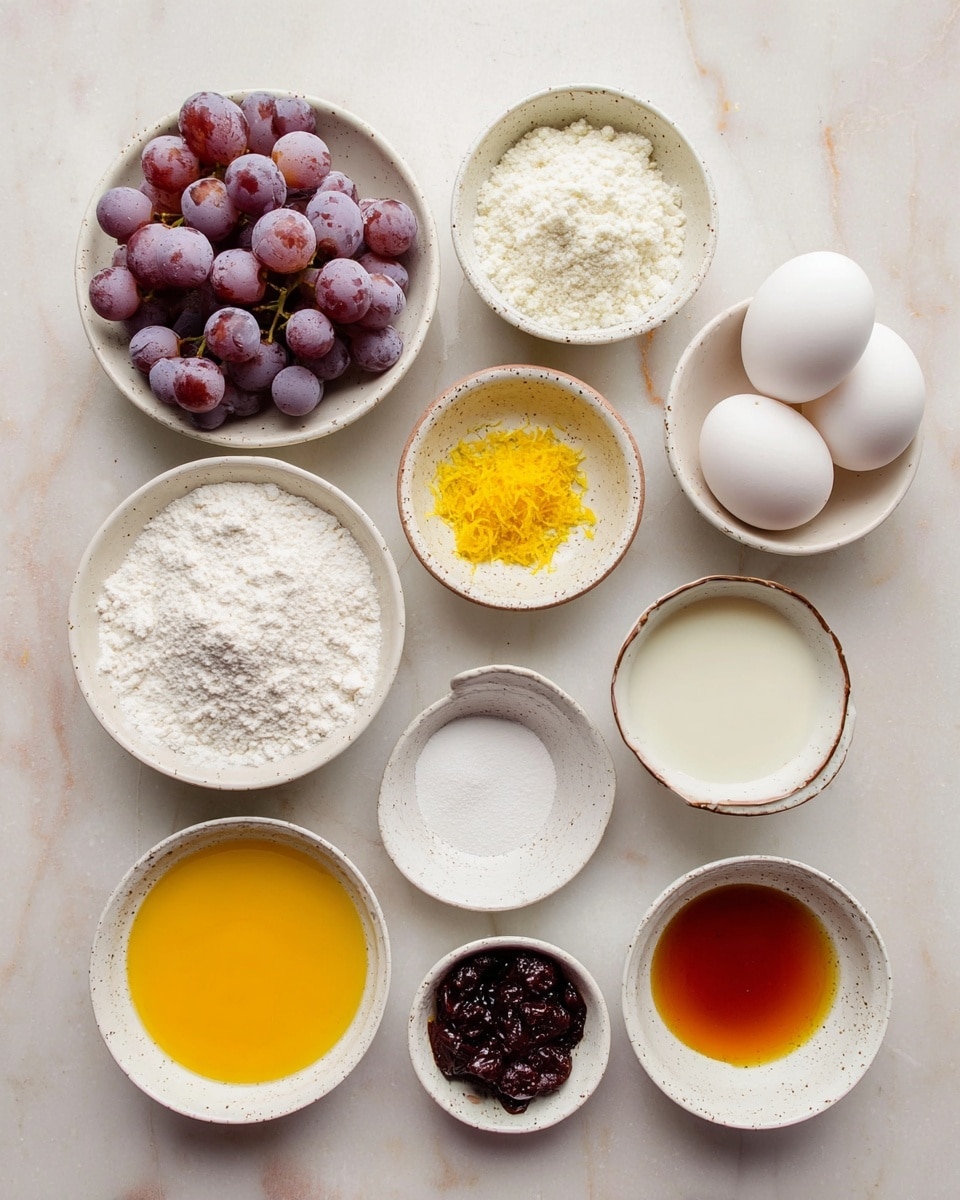 The image shows eleven small white and speckled bowls arranged neatly on a white marbled surface. The bowls contain various ingredients: one bowl is filled with light purple grapes, another with white flour, and a third with white granulated sugar. Two white eggs are placed in a bowl near the top right. Other bowls hold yellow lemon zest, a dark amber liquid, white powder, orange zest, and small amounts of salt, melted butter, milk, and honey. The colors range from deep purple and bright yellow to creamy white and rich amber, all laid out clearly for easy viewing. Photo taken with an iphone --ar 4:5 --v 7