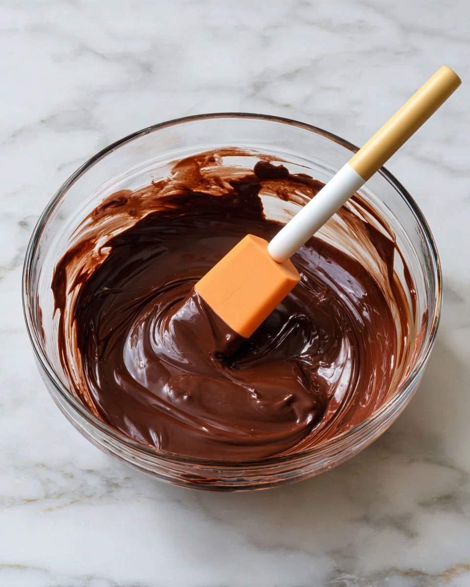 A clear glass bowl sits on a white marbled surface, filled with one thick, shiny layer of dark brown melted chocolate. A spatula with an orange silicone head and white handle is resting inside the bowl, partially covered in the smooth chocolate, showing swirl marks on the surface. The image captures the glossy texture and rich color of the chocolate. photo taken with an iphone --ar 4:5 --v 7
