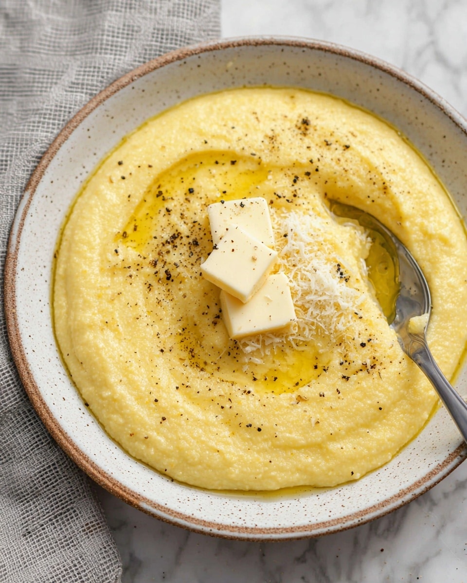 The image shows a bowl of creamy yellow polenta with a smooth and thick texture. On top, there are two small square pieces of white butter placed near the center, slightly melting into the polenta. Next to the butter, a small pile of finely grated pale yellow cheese is sprinkled. The surface is drizzled with golden olive oil and lightly sprinkled with black pepper. A silver spoon rests on the right edge of the bowl, partly immersed in the polenta. The bowl is white with a speckled design and a thin brown rim. The background is a white marbled texture with a soft gray and white checked cloth partially visible at the top left. Photo taken with an iphone --ar 4:5 --v 7