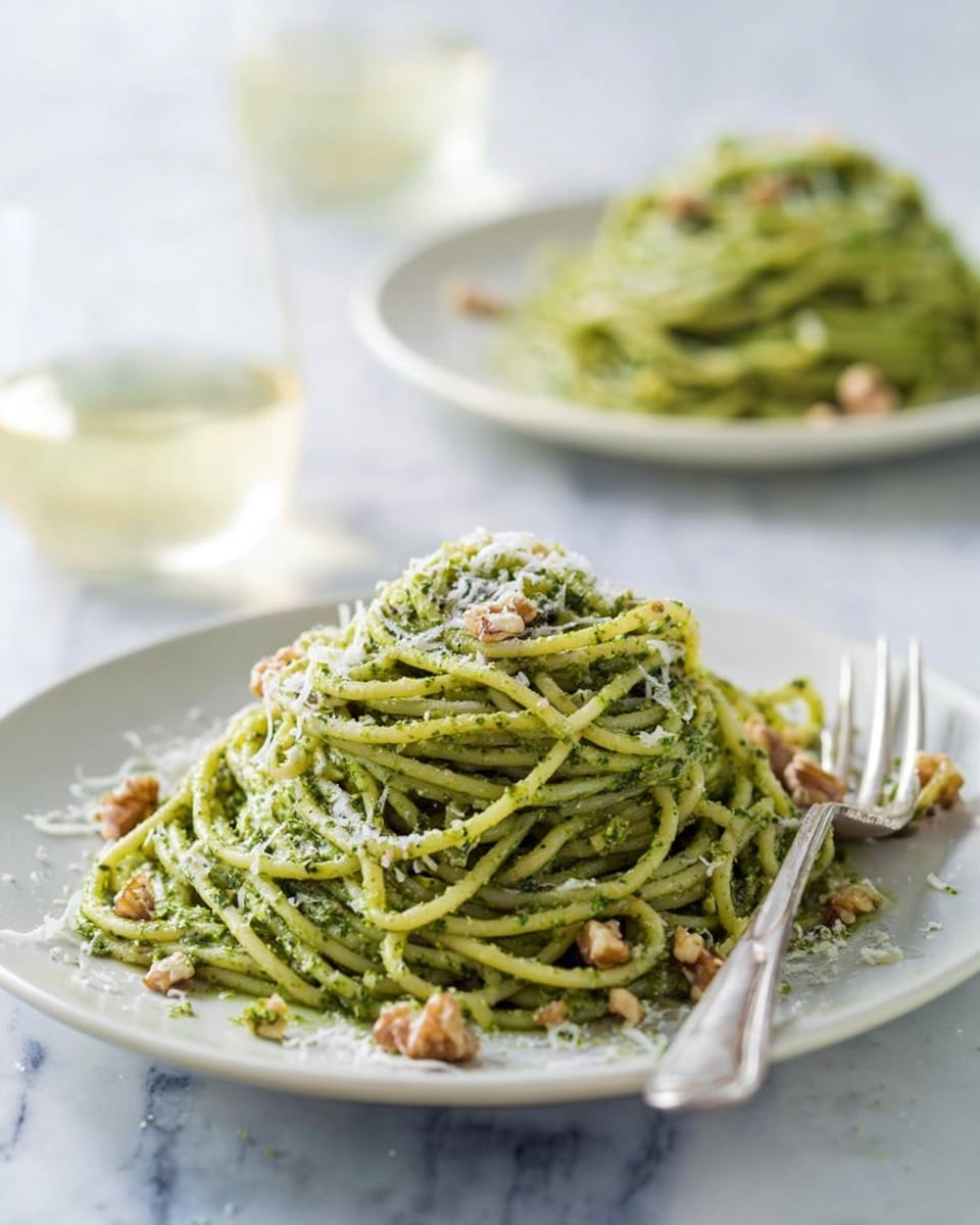 The image shows two white plates with nests of spaghetti covered in green pesto sauce. Each nest is made of several layers of noodles twisted into a loose mound. The pesto gives the pasta a vibrant deep green color and a slightly wet texture. Small pieces of chopped walnuts are scattered on top and around the noodles, adding a rough and crunchy appearance. A light dusting of finely grated white cheese is sprinkled all over the pasta, creating a soft, powdery layer. One plate is in the foreground with a silver fork resting on its edge, and the other plate is blurred in the background. The surface under the plates is a white marbled texture. In the background, there are two blurred glasses of white wine. photo taken with an iphone --ar 4:5 --v 7