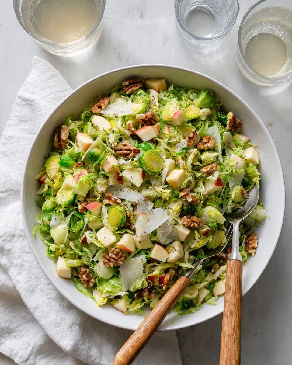 A white bowl filled with a fresh salad showing three main layers: the bottom layer is finely sliced green Brussels sprouts, the middle layer has small light red apple cubes mixed evenly, and the top layer shows whole walnut pieces and thin white cheese shavings scattered over the salad. There is a light dressing that glistens slightly, and the salad is sprinkled with a small amount of black pepper. Two wooden-handled forks rest on opposite edges of the bowl, one partially inside the salad. The bowl sits on a white marbled textured surface with a white cloth nearby and two clear glasses of water in the upper background, one glass partially out of the frame. photo taken with an iphone --ar 4:5 --v 7