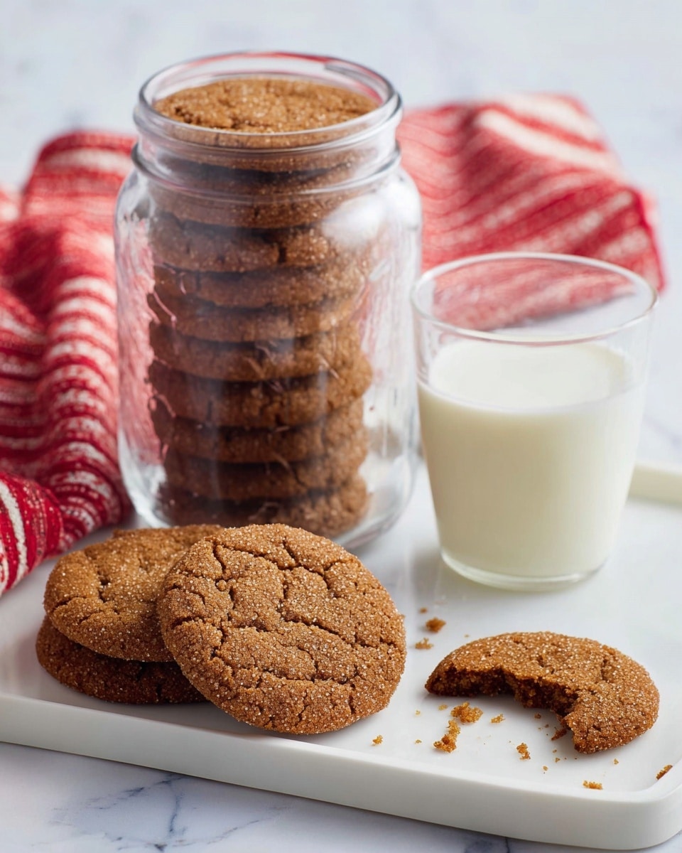 The image shows a clear glass jar filled with round, textured brown cookies stacked inside. On a white rectangular plate in front of the jar, there are two whole brown cookies with a grainy texture, and one cookie is broken into two pieces with crumbs around it. Next to the jar and cookies is a small glass jar filled with white milk. A red and white striped cloth is partially visible in the background, all placed on a white marbled surface. Photo taken with an iphone --ar 4:5 --v 7