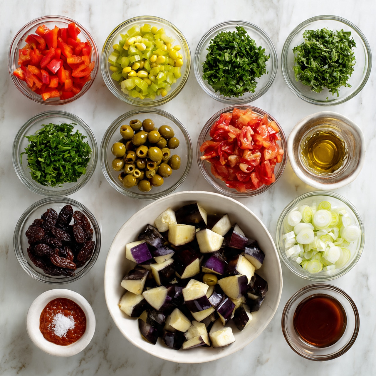The image shows fourteen small glass bowls arranged neatly on a white marbled surface, each containing different chopped or whole ingredients. Starting from the top left, there are bright red chopped bell peppers, yellow soybeans, and light green sliced celery. Next, there are dark green capers, finely chopped fresh green parsley, and a larger white bowl with chopped red tomatoes. Below these, there are dark brown raisins and a clear bowl with a dark amber liquid, followed by a small bowl of red tomato paste and one with fine white salt. The bottom row includes a large bowl of cubed eggplant with dark purple skin and light green flesh, a small above the bowl of white granulated sugar, sliced green olives, and finely chopped white onions. All ingredients contrast with the white marbled surface underneath, giving a clean and organized look. photo taken with an iphone --ar 4:5 --v 7