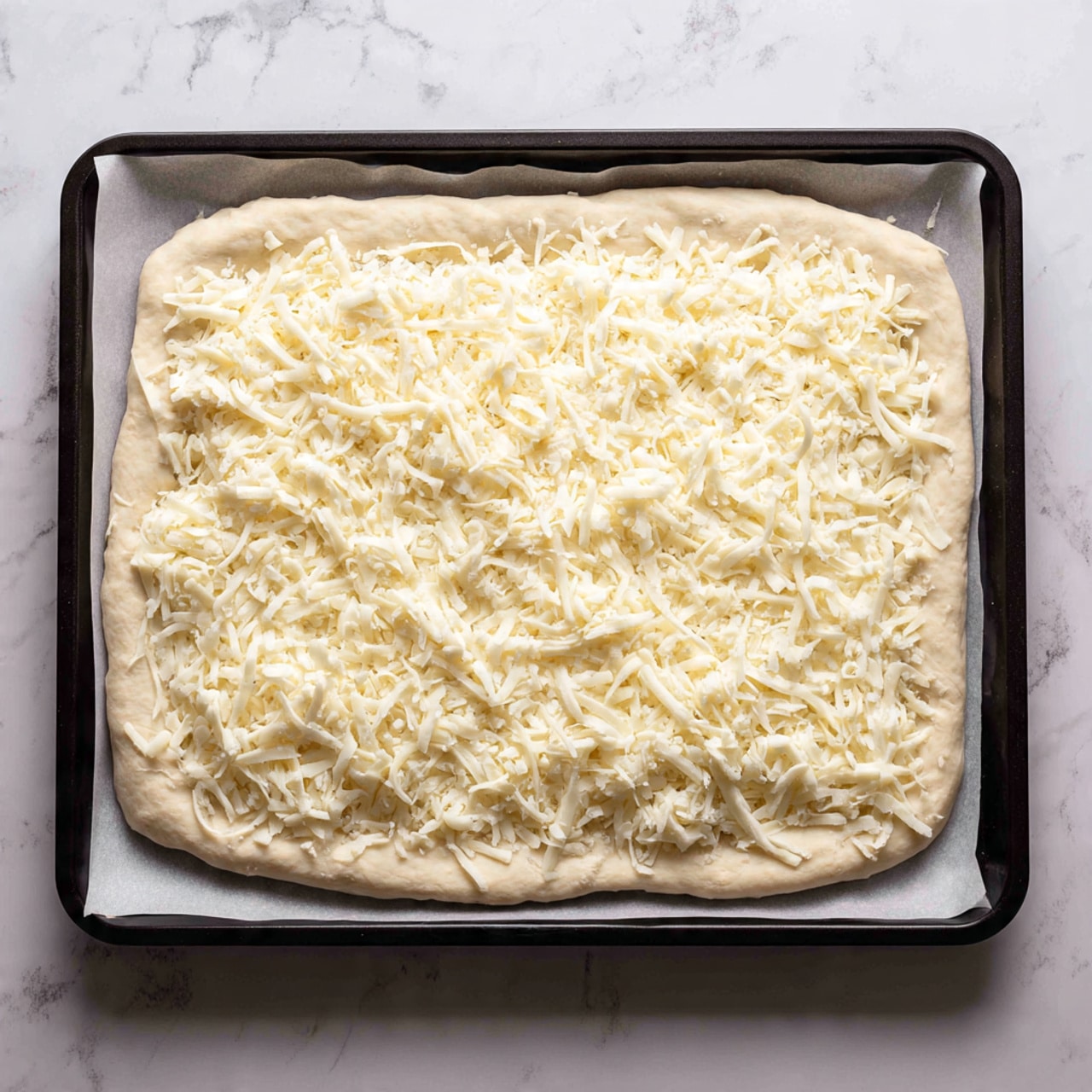 A rectangular pizza dough is placed on a large black baking tray lined with white parchment paper, sitting on a white marbled surface. The pizza dough has a light beige color and slightly raised edges, forming a thick crust around the outside. The surface of the dough is fully covered by a thick layer of shredded mozzarella cheese, which is pale white and shows soft texture with a few strands overlapping and scattered loosely. The pizza appears ready to be baked, with the cheese evenly spread but not packed too tightly. Photo taken with an iphone --ar 4:5 --v 7