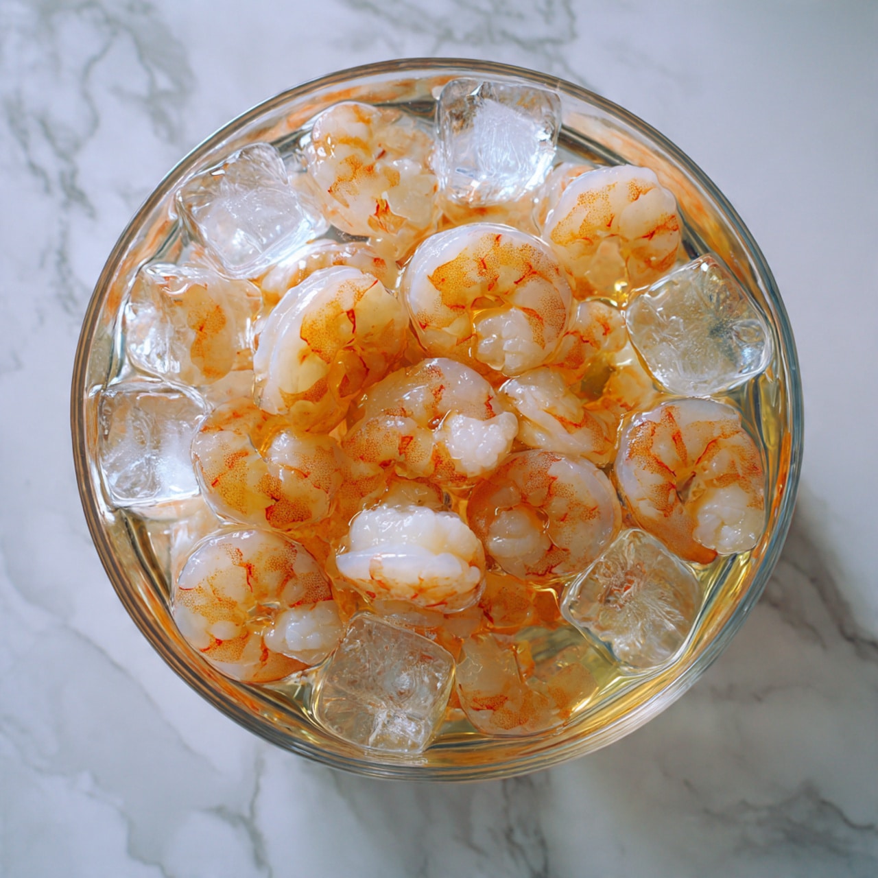 A clear glass bowl filled with two layers of fresh, orange shrimp submerged in water and topped with several pieces of clear ice cubes, all set on a white marbled surface. The shrimp’s curved bodies show off their smooth texture and vibrant color under the water, creating a cool and refreshing look. photo taken with an iphone --ar 4:5 --v 7
