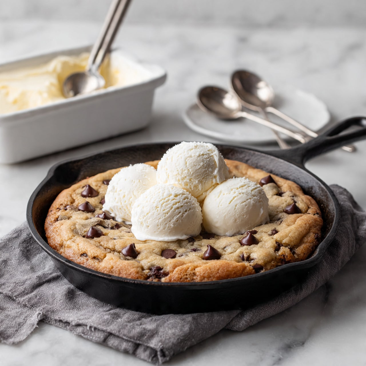 A thick, round chocolate cake with many small, dark chocolate chips scattered on top sits inside a black cast iron skillet. The cake is smooth on the edges and slightly cracked on the surface, showing a soft texture. The skillet rests on a metal grid cooling rack placed on a white marbled surface. The handle of the skillet extends to the left side of the image. The overall look is warm and rustic. photo taken with an iphone --ar 4:5 --v 7
