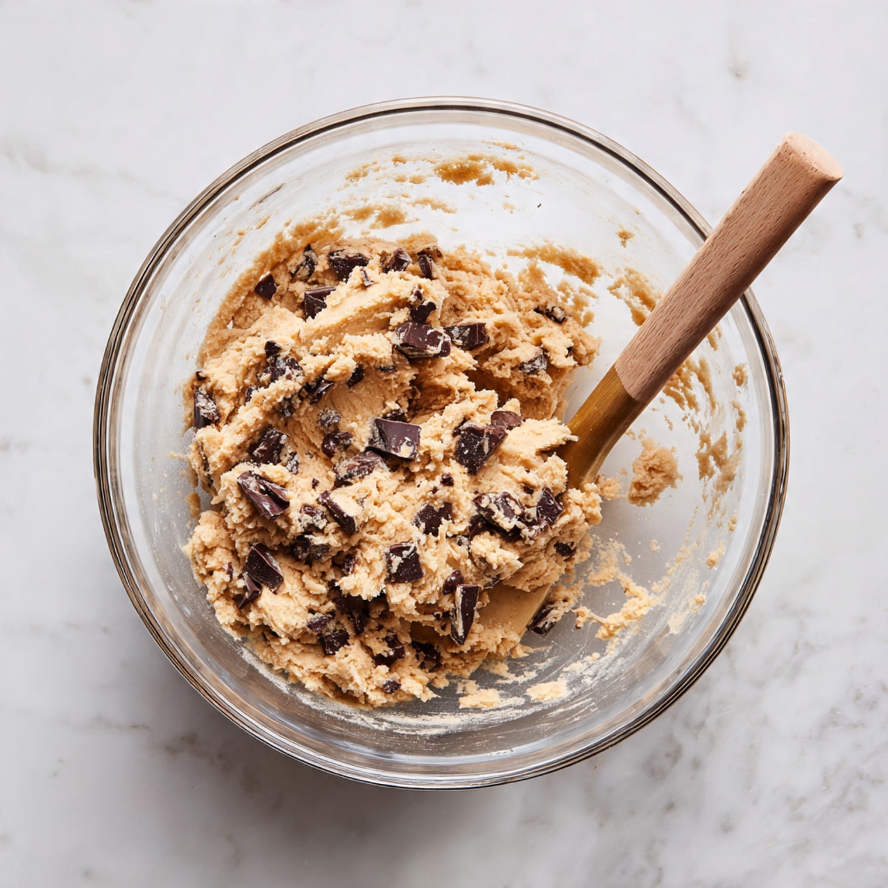 A clear glass bowl filled with light brown cookie dough mixed with pieces of dark chocolate, showing a creamy, slightly rough texture. A light brown spatula with a flat edge rests inside the bowl, partly covered with dough. The bowl sits on a white marbled surface, with some dough residue on the inside edges of the bowl. The scene is bright and simple, focusing on the dough's texture and chocolate bits photo taken with an iphone --ar 4:5 --v 7