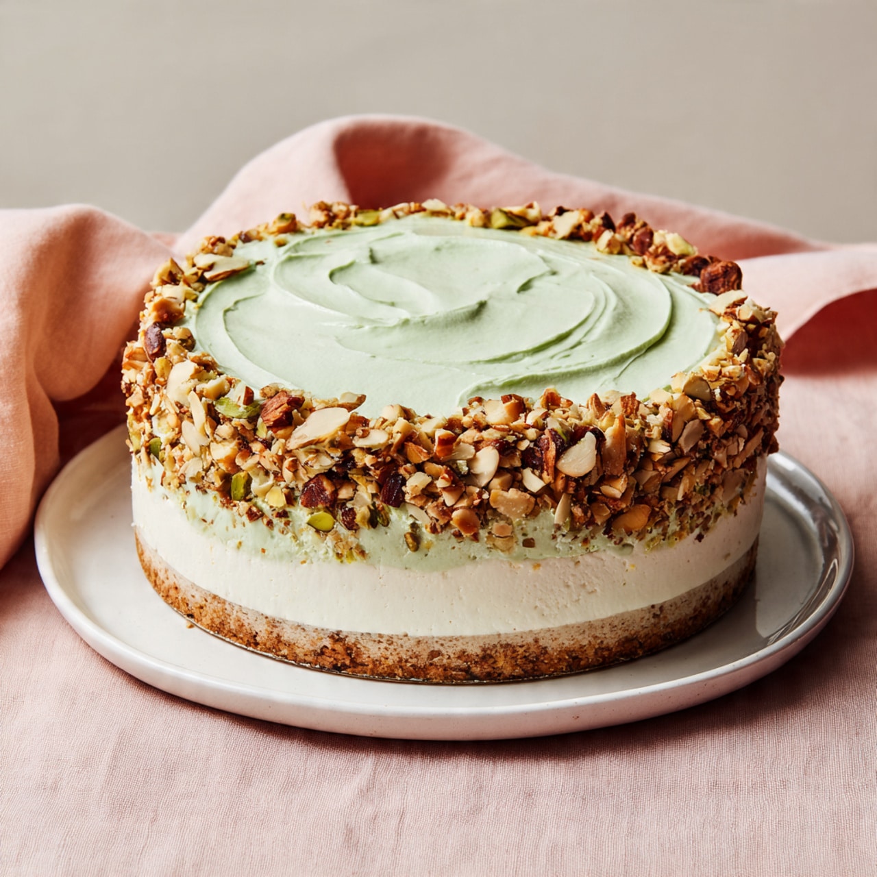 The image shows a single-layer pie with a light green creamy topping that spreads evenly with soft swirls across the surface, giving it a textured look. The edges reveal a crumbly crust beneath the topping, with bits of crumbs slightly stuck to the sides of the creamy layer. The pie sits on a white plate, which is placed on a soft pink cloth that adds a gentle contrast to the pale colors of the pie. The overall look is smooth and fresh, highlighting the creamy texture and subtle color variations of the topping. photo taken with an iphone --ar 4:5 --v 7