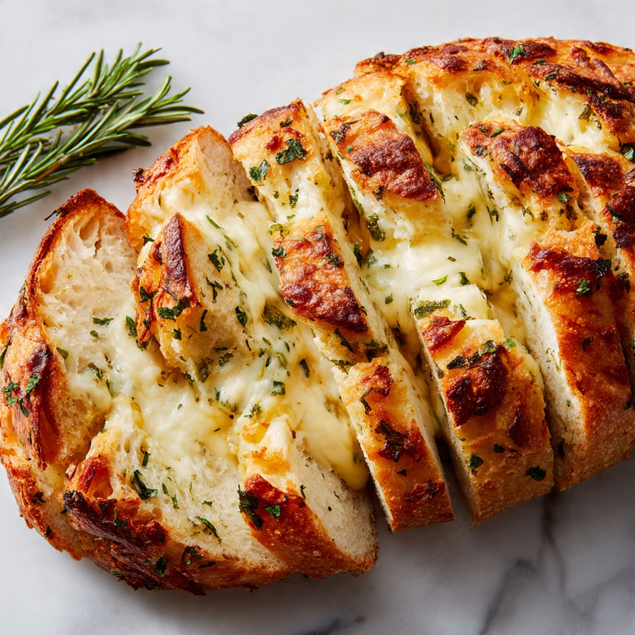 The image shows a close-up of a loaf of garlic bread sliced open at the front. The bread has a golden-brown crust on the outside with a rough texture, while the inside is soft and creamy yellow with melted cheese and bits of herbs like parsley spread throughout. The edges of the bread show layers where the dough has puffed up and baked to a light brown color. A small sprig of rosemary lies beside the bread on a white marbled surface, adding a touch of green to the scene. photo taken with an iphone --ar 4:5 --v 7