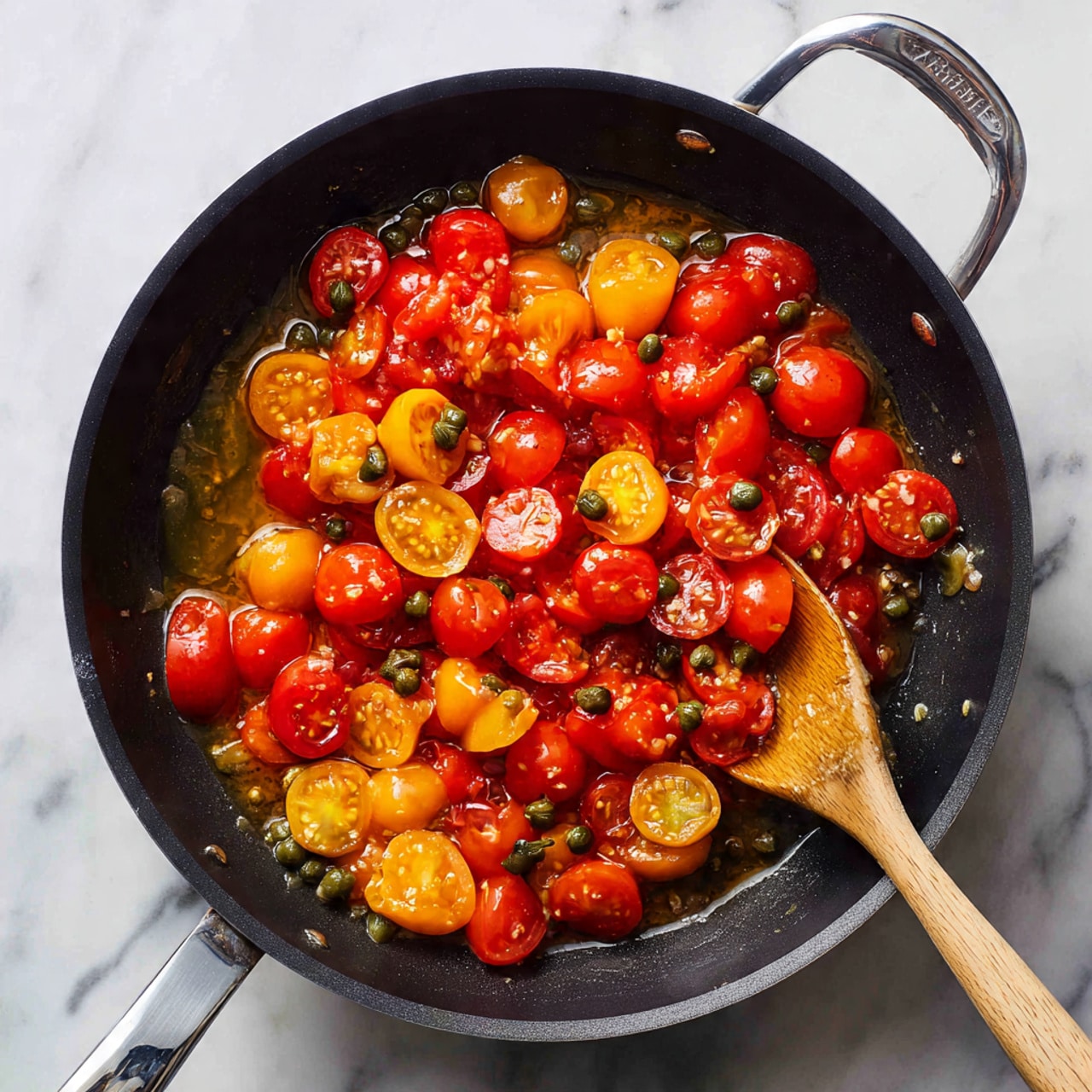 A black frying pan is on a stove with a wooden spoon stirring soft, cooked cherry tomatoes in three colors: red, yellow, and orange. The tomatoes are cut into halves and quarters, with some juice and light sauce around them. Small green capers are scattered on top of the tomatoes. The pan has a silver handle, and the surface under the stove has a white marbled texture. photo taken with an iphone --ar 4:5 --v 7