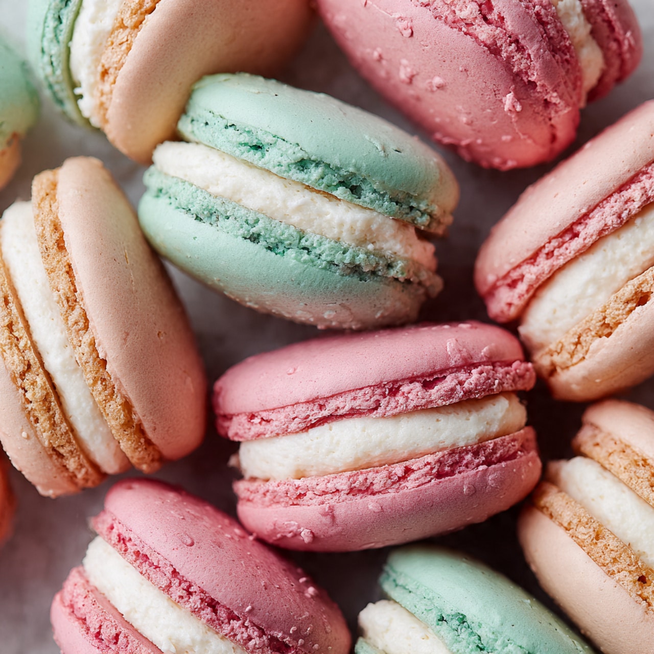 The image shows a stack of three pink macarons placed on a teal cloth over a white marbled surface. Each macaron has two smooth, round pale pink shells with a slightly crunchy texture and ruffled edges, sandwiching a thick layer of creamy white filling in between. Behind the stack, there are blurred macarons in pastel colors that add depth to the scene, all set against a soft, light background. Photo taken with an iphone --ar 4:5 --v 7