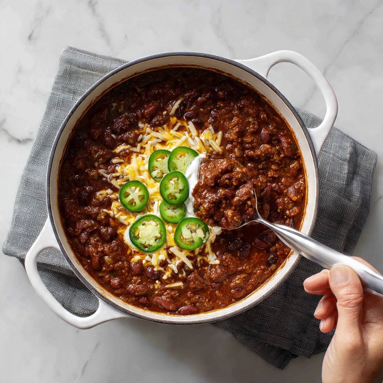 A white pot filled with thick chili, made of dark brown beans and sauce, topped by sliced green jalapeños, shredded light yellow and white cheese, and small bits of sour cream. A silver spoon lifts some chili from the center, showing the layers of beans, sauce, cheese, and jalapeños. The pot sits on a gray cloth on a white marbled surface, and a woman's hand holds the spoon on the right side of the image. Photo taken with an iphone --ar 4:5 --v 7