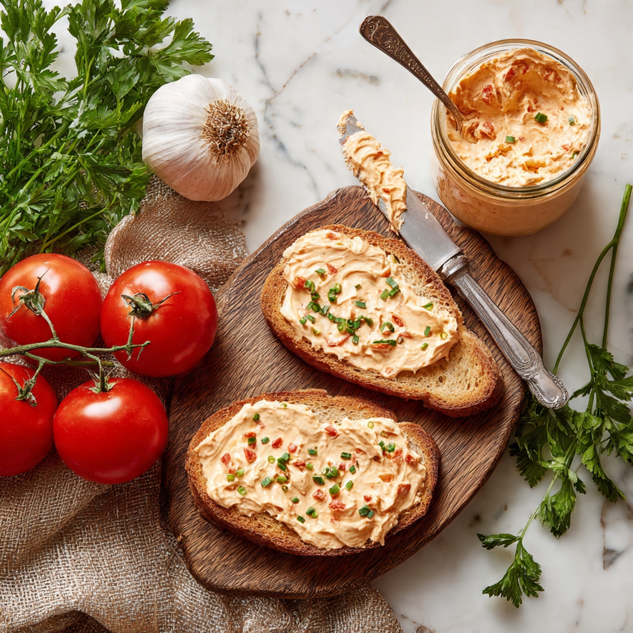 A woman's hand with blue nail polish holds a slice of light brown crusty bread spread with a creamy, pale hummus mixed with small orange-red bits and black pepper on top, garnished with small green parsley leaves; the slice is held over a wooden cutting board with two other similar slices topped with the same hummus and herbs. Next to the bread on the white marbled surface is a glass jar filled with the same hummus showing a smooth, creamy texture with orange-red pieces and black pepper sprinkled on top. Surrounding the jar and bread are three bright red tomatoes on a vine, fresh green parsley leaves, and a whole garlic bulb, all resting on a piece of brown burlap fabric. Photo taken with an iphone --ar 4:5 --v 7